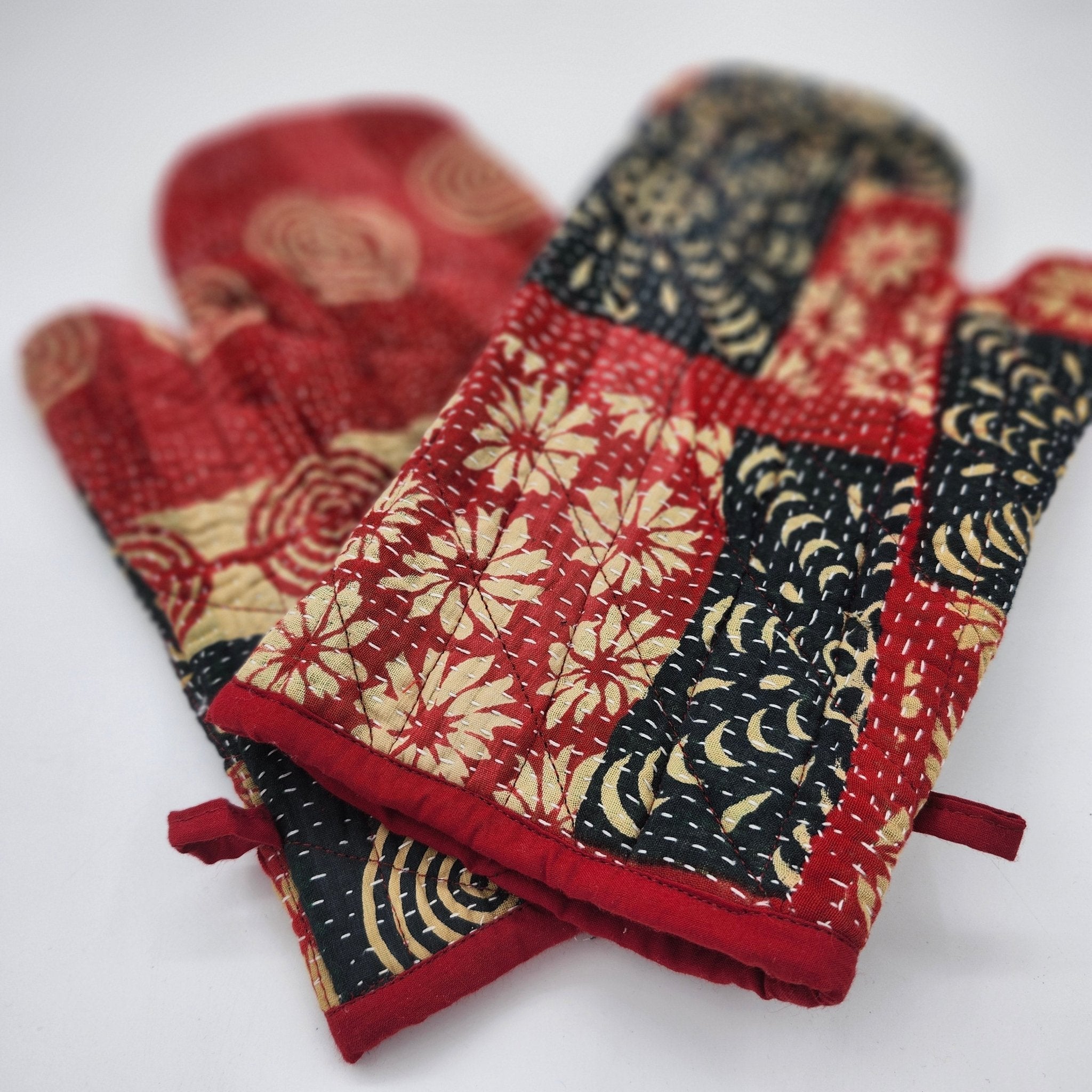 Red and black vintage kantha oven glove, cotton, detail