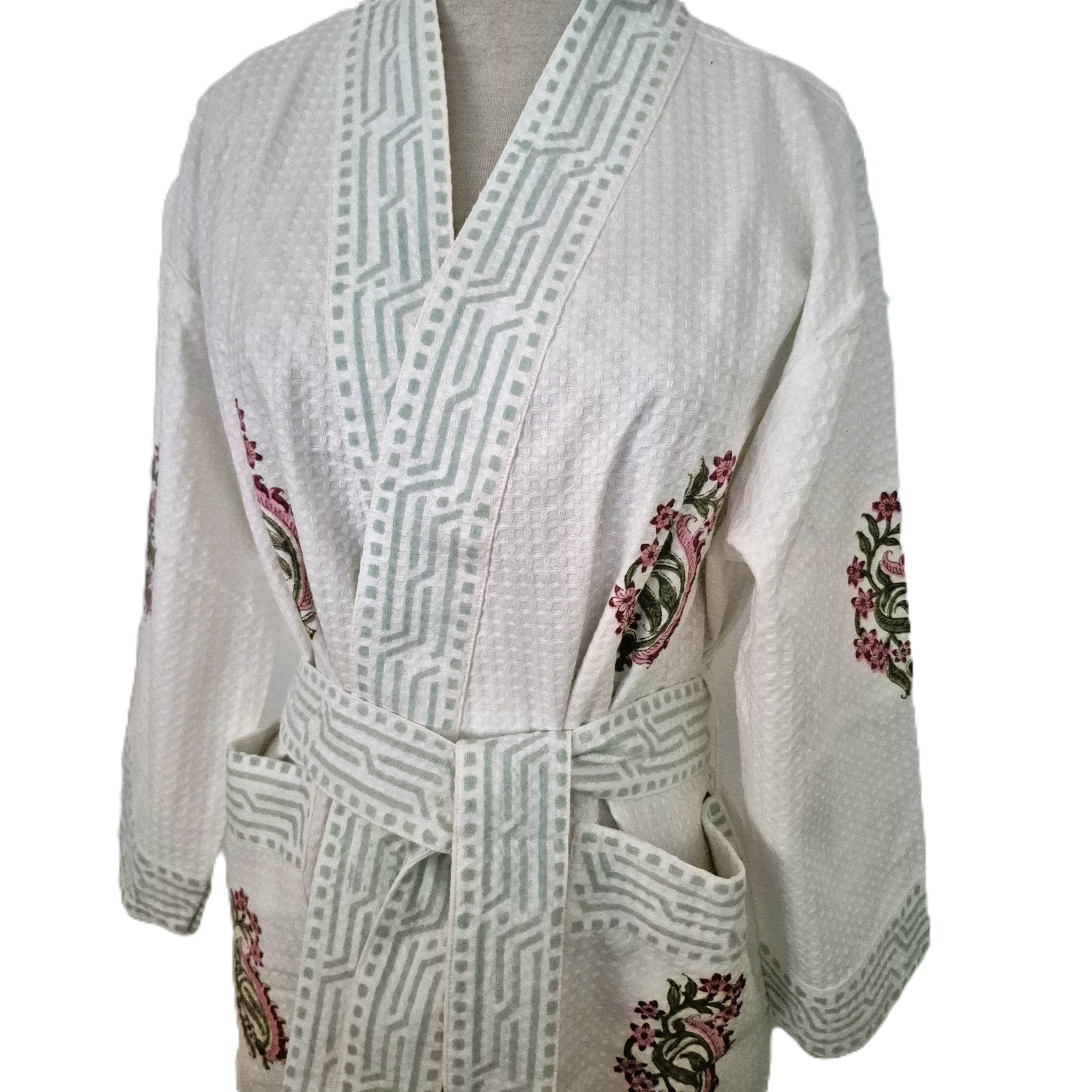 Cotton Waffle Bathrobe with pink floral pattern