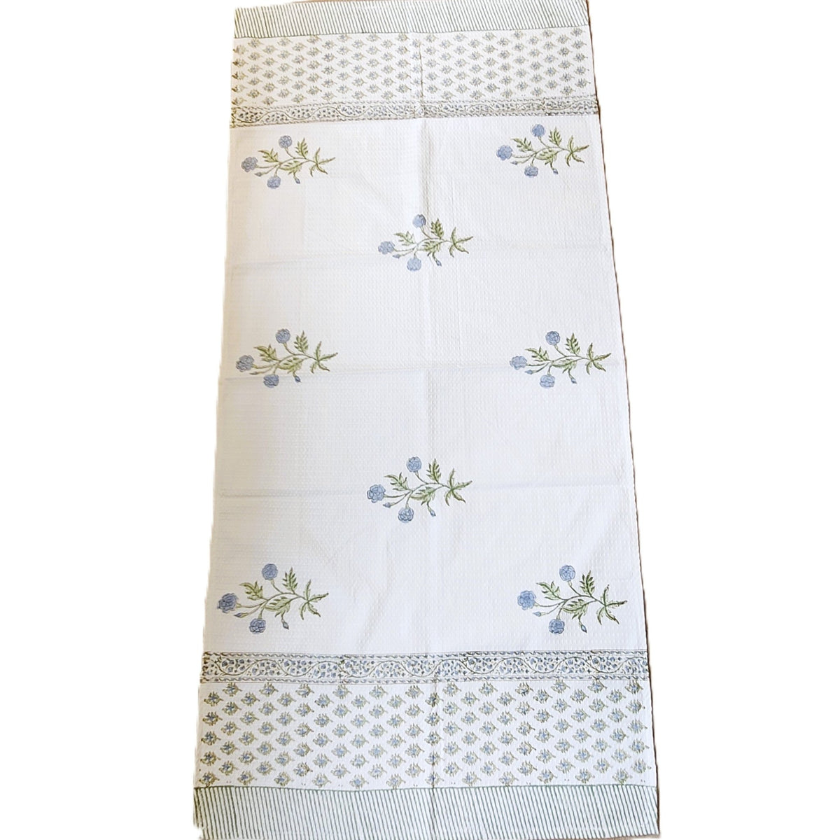 Blue carnation block print bath towel in cotton waffle, 73 by 155 cm, thin, light and quick to dry, Inside