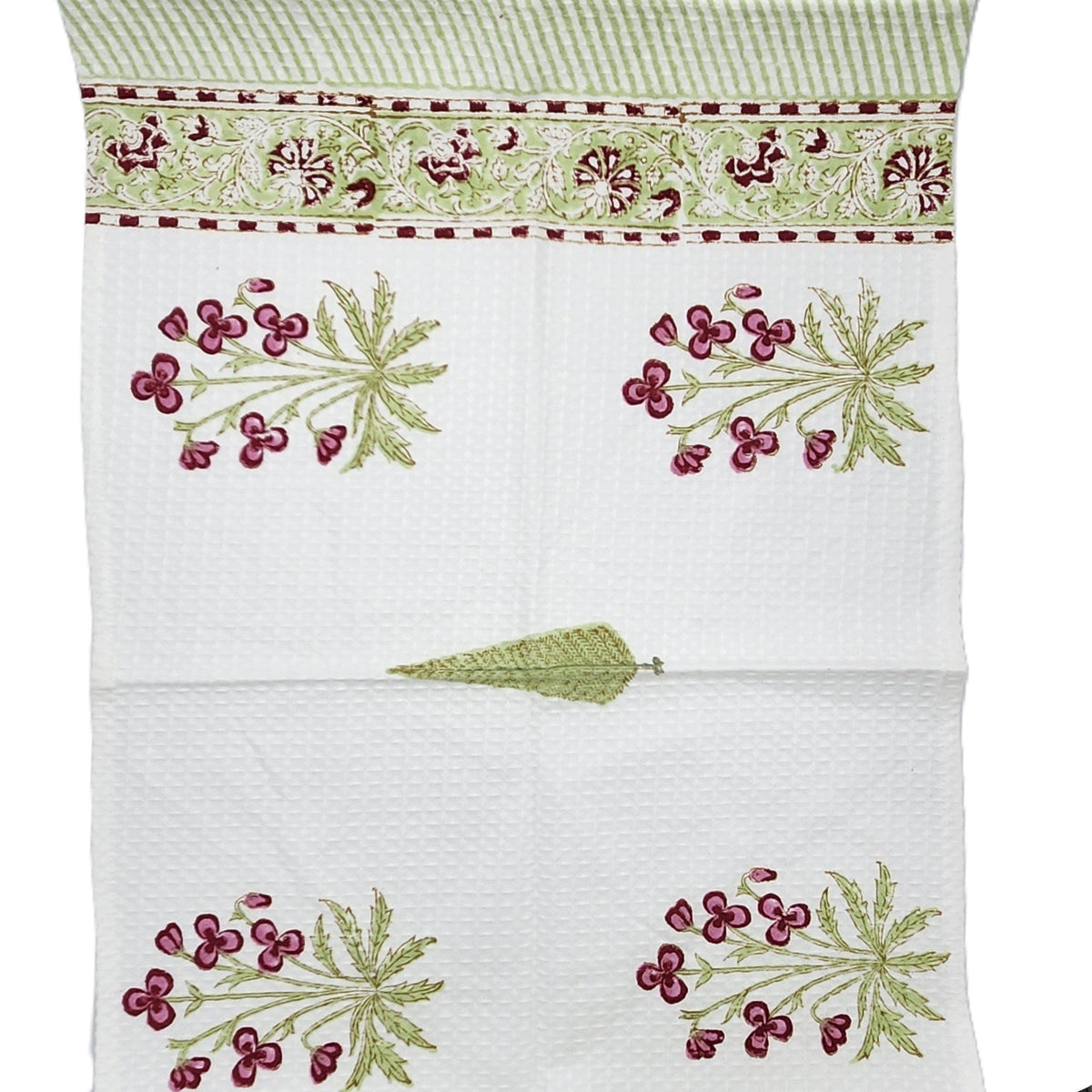 Pink flower block print hand towel in lightweight cotton waffle, 64 by 45 cm, thin and very absorbent
