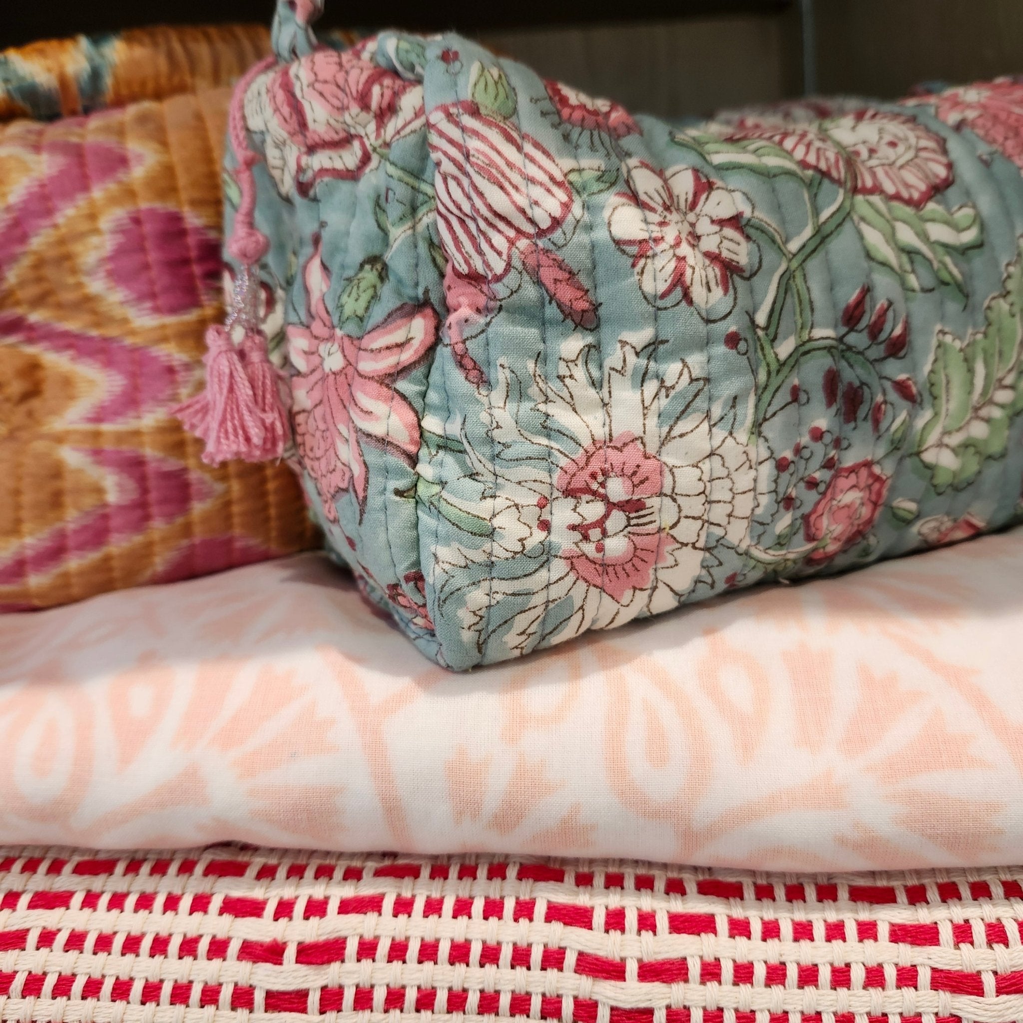 Hibiscus block-print cosmetic bag