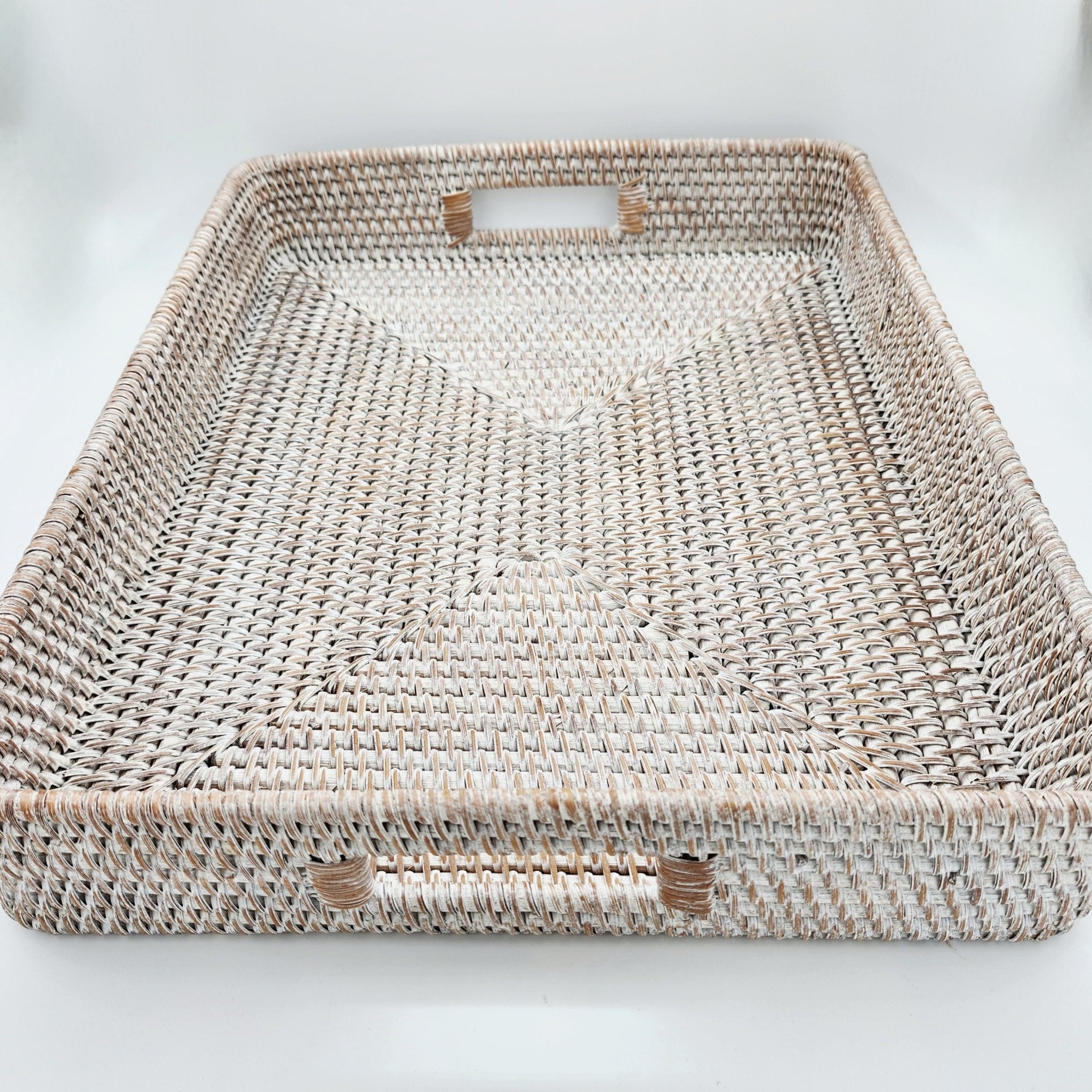 Large rectangular rattan tray in whitewash, 38 x 47 x 8.5 cm, handmade