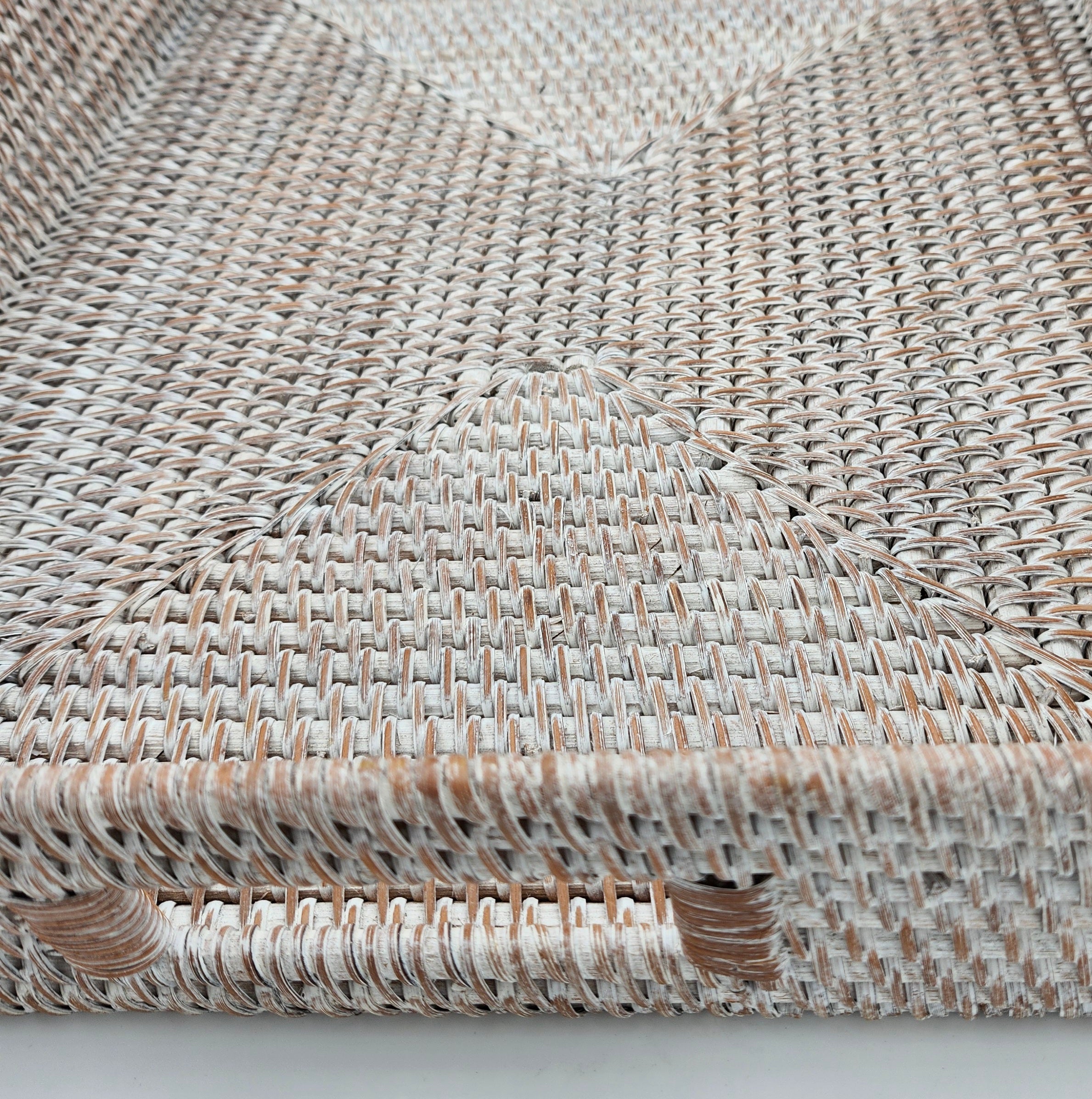 Whitewash rattan tray, rectangular, for serving or display, detail view