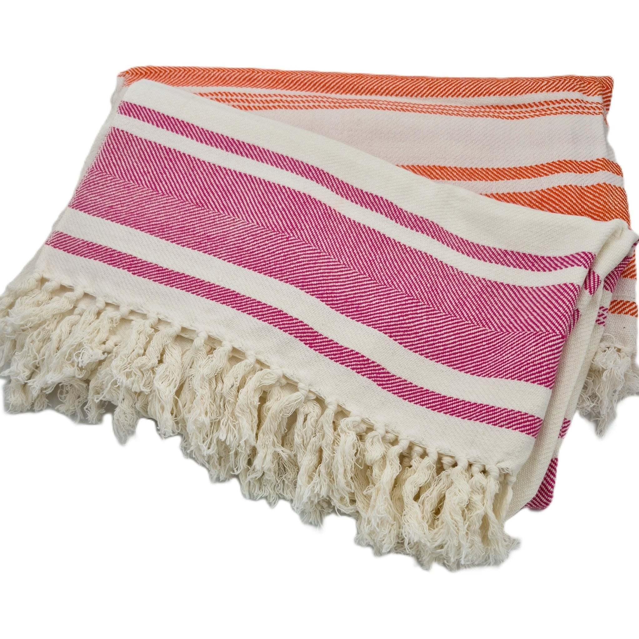 Striped towels with fringe in pink & white, and orange & white