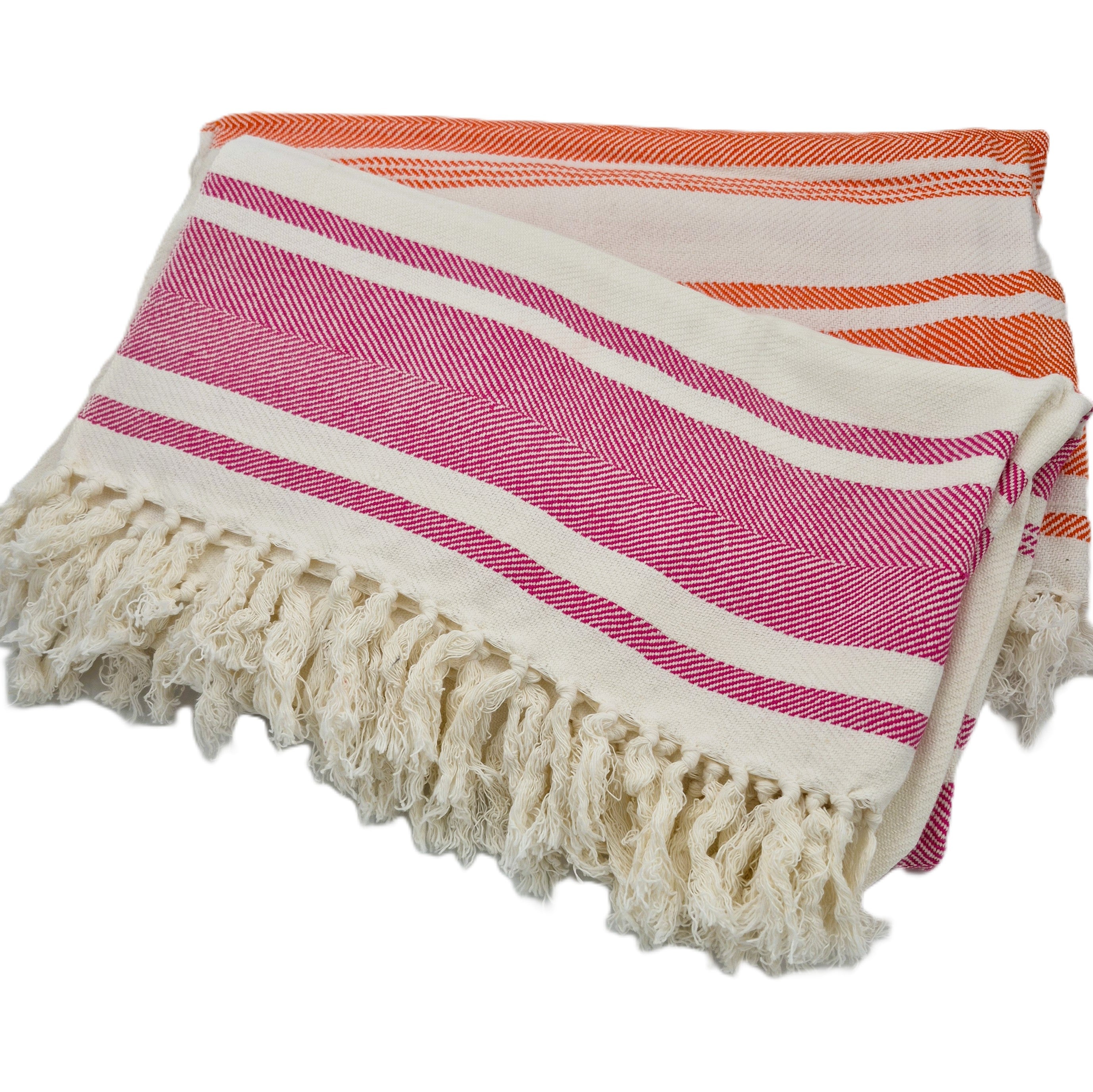 Striped towels with fringe in pink & white, and orange & white