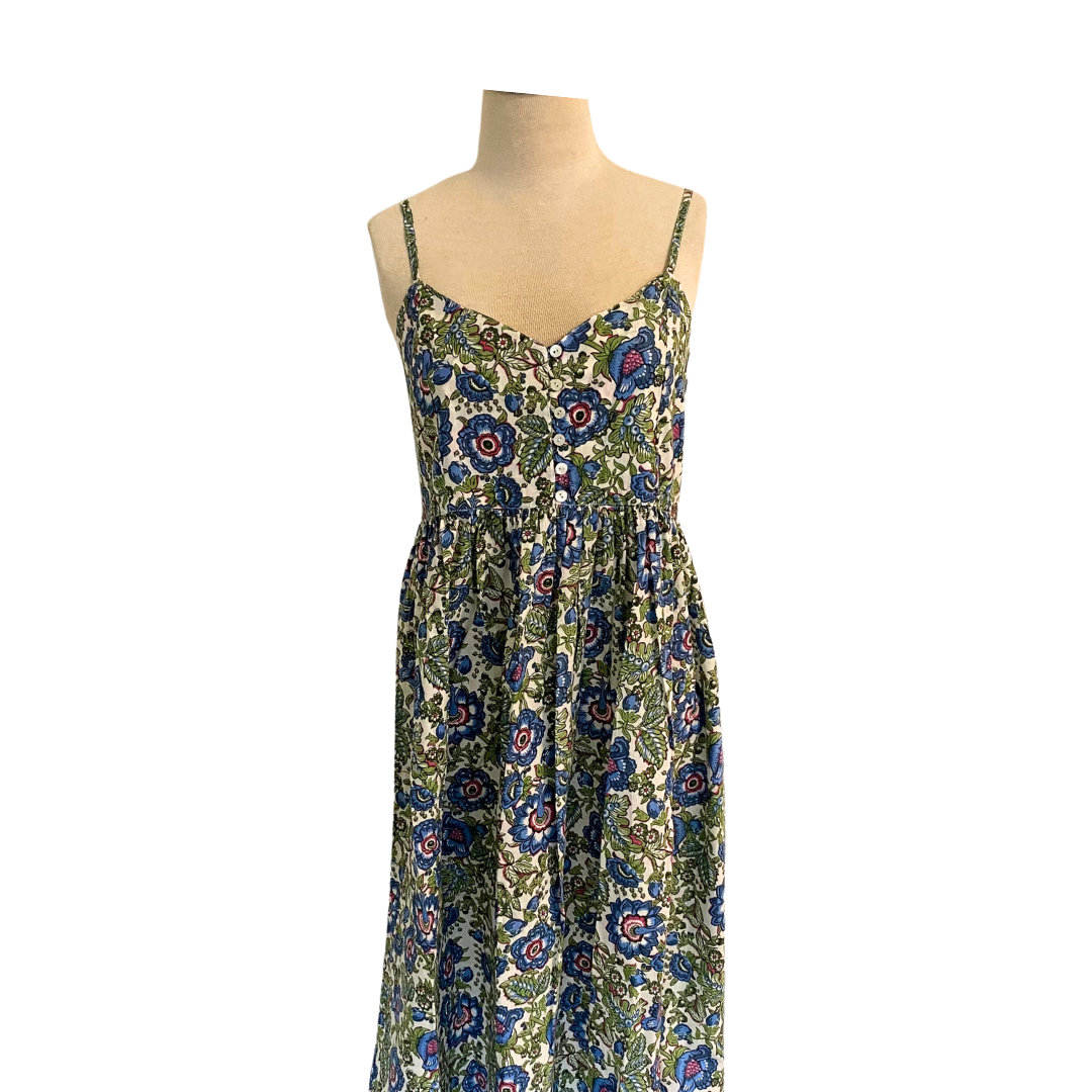 Anna block-print cotton sundress in blue with adjustable straps