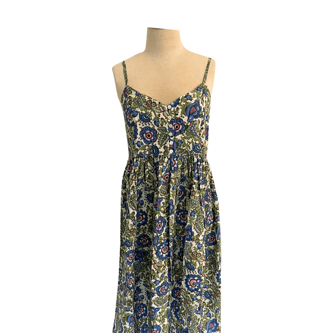 Anna block-print cotton sundress in blue with adjustable straps