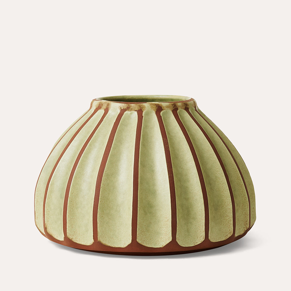 Avocado Salon round ribbed vase, green-glazed terracotta, detail