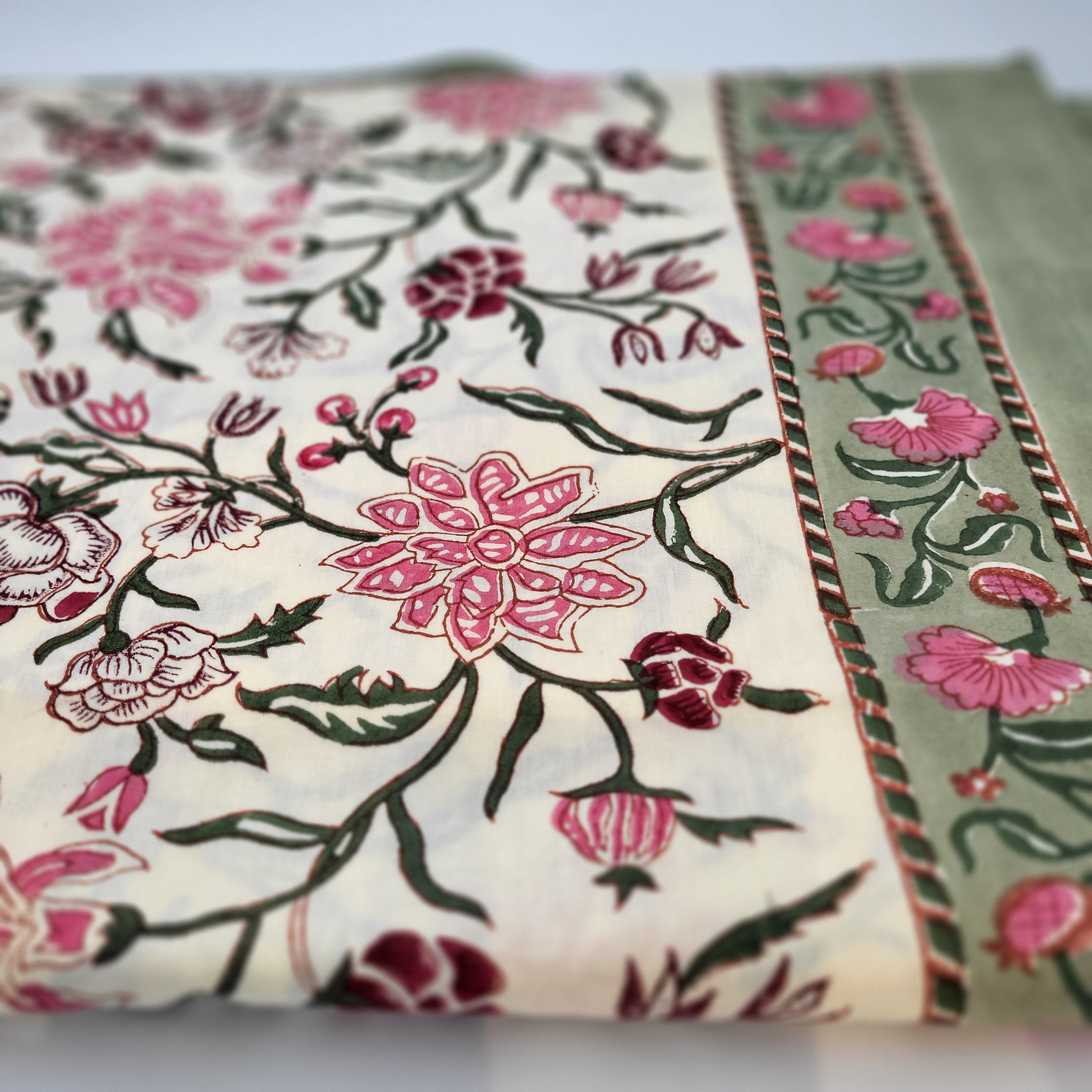 Classic floral block-print cotton tablecloth, pink and burgundy flowers on cream
