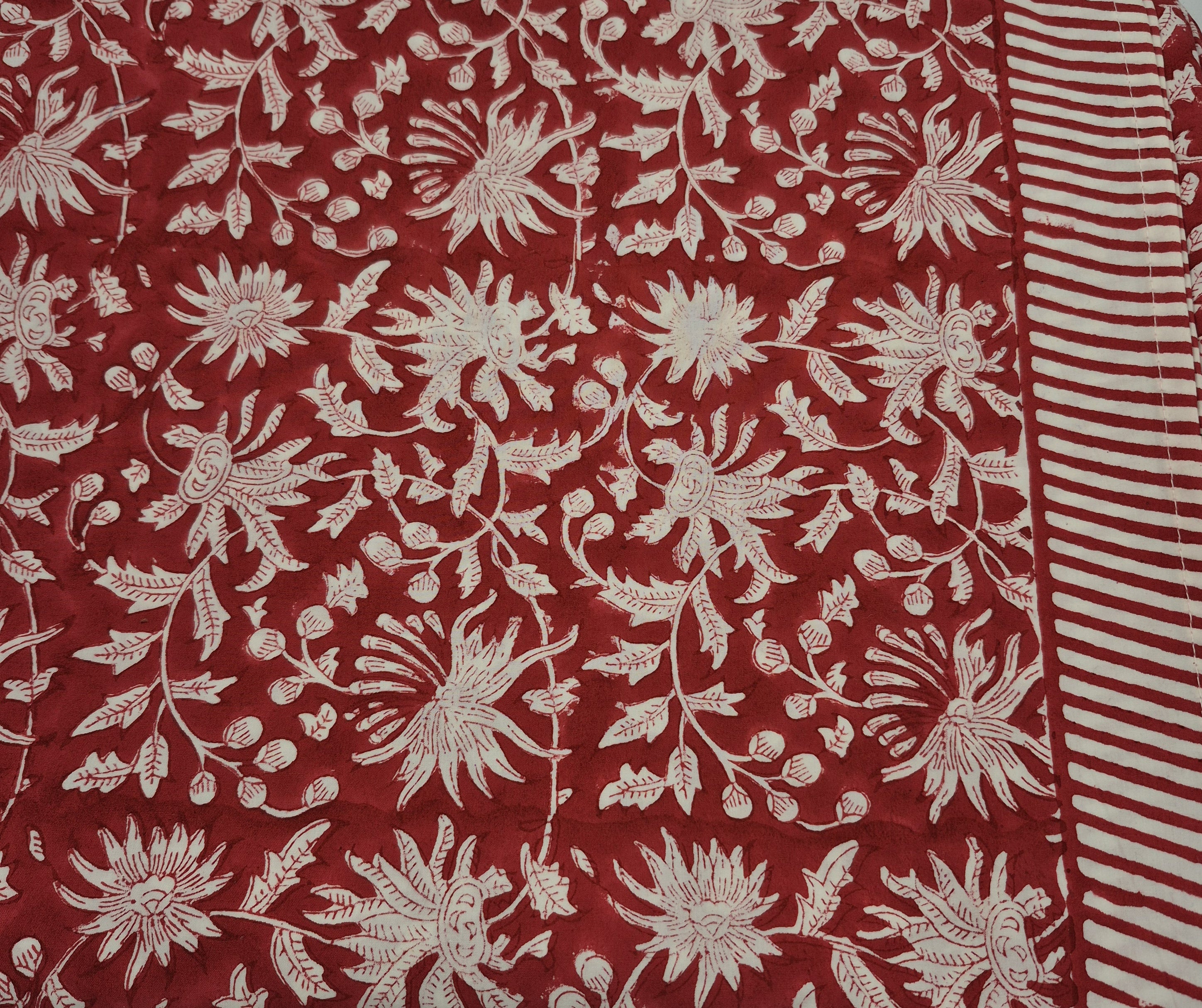 Festive red block-print cotton tablecloth
