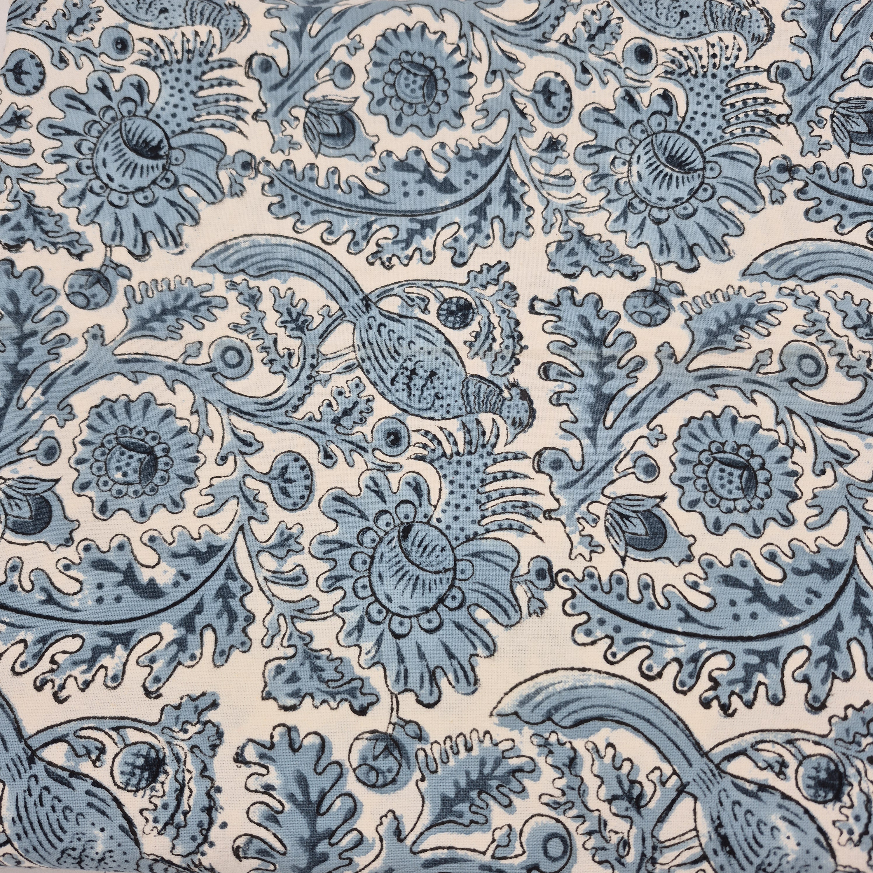 Blue pheasant block-print cotton tablecloth