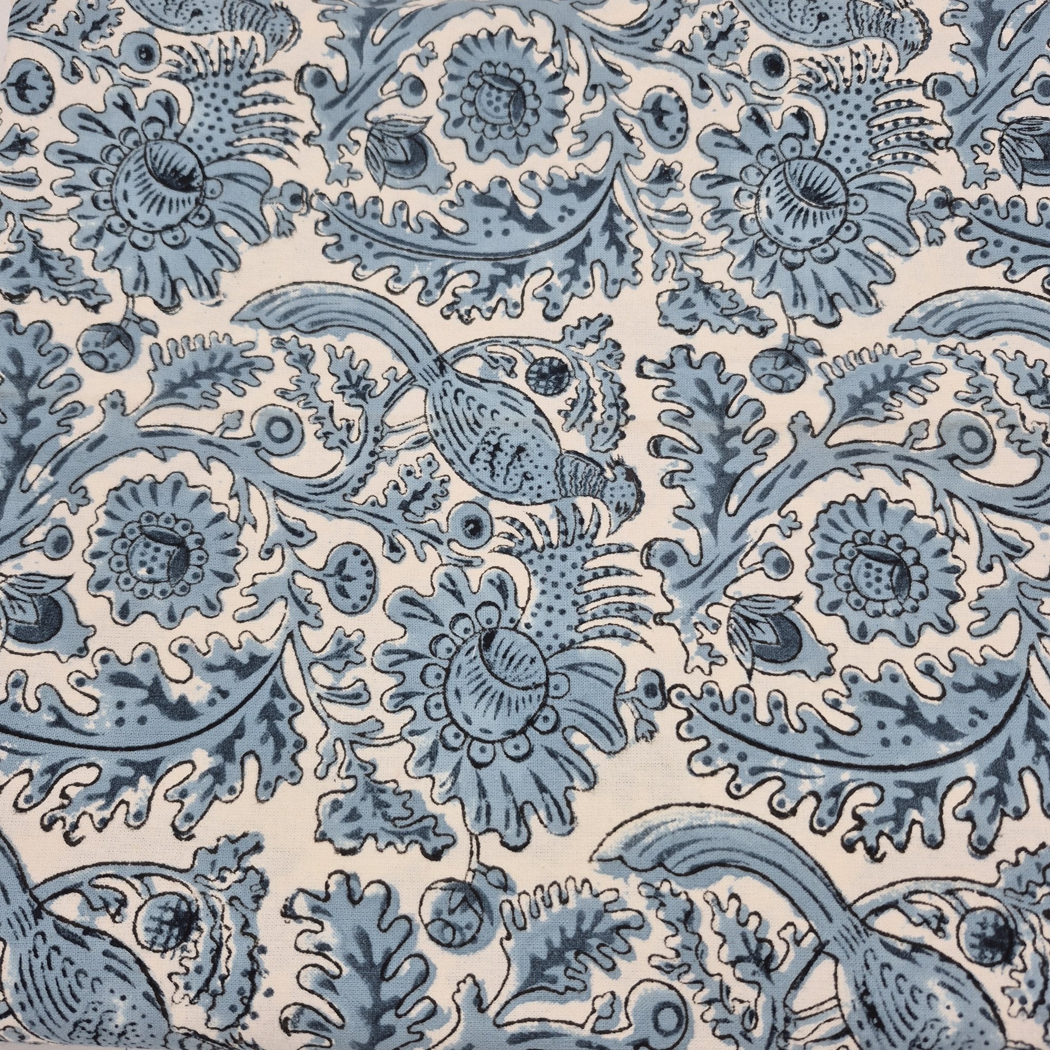 Blue pheasant block-print cotton tablecloth