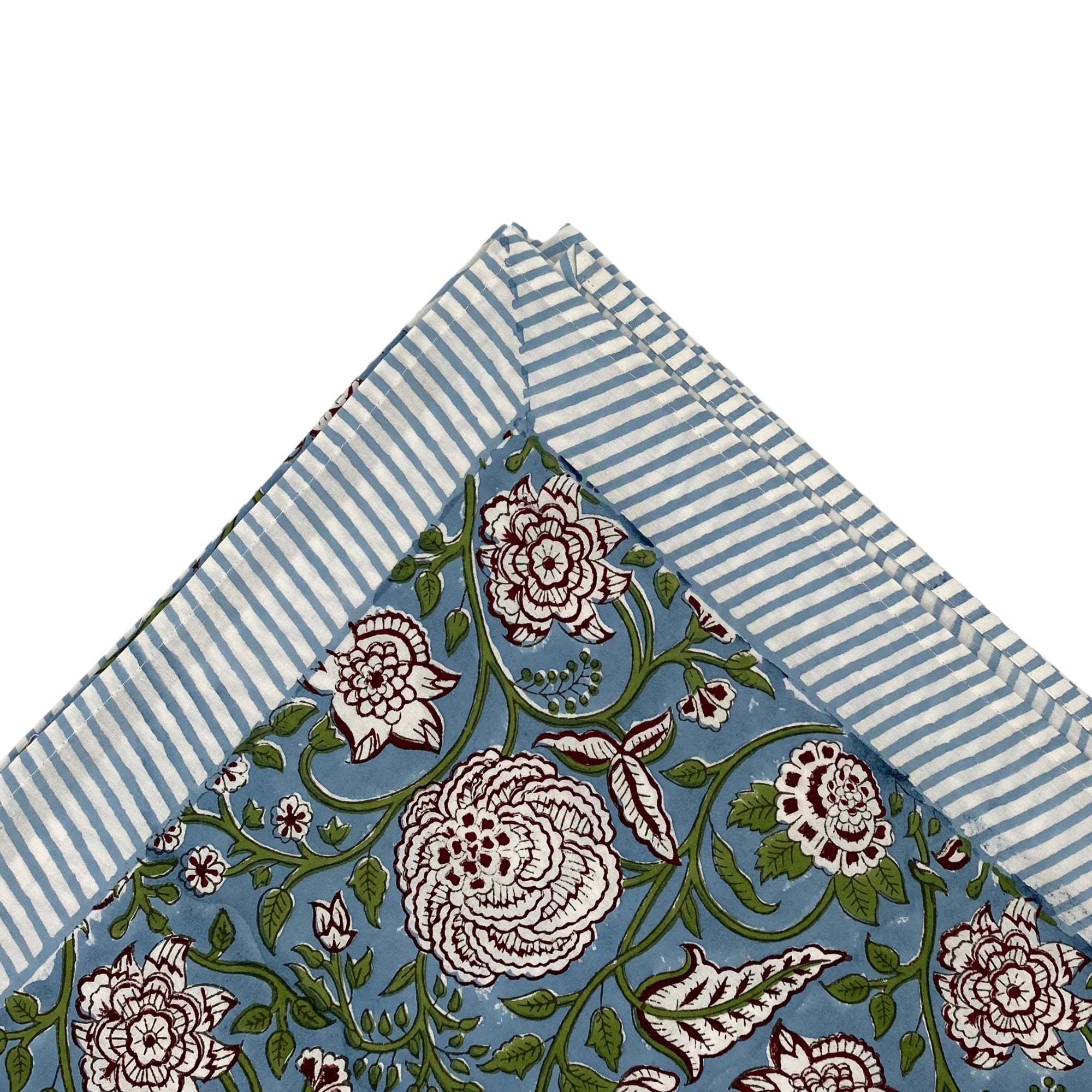 Blue floral block-print cotton tablecloth with striped edges