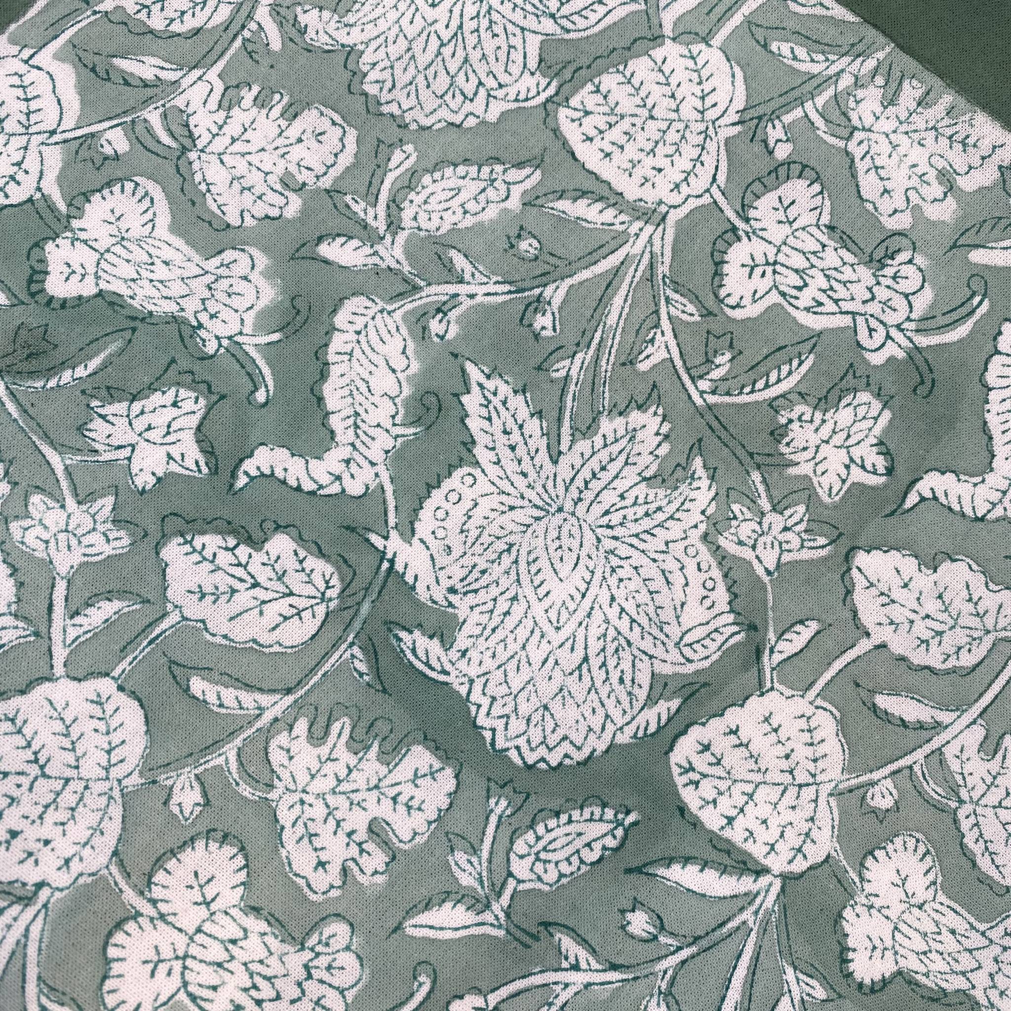 Classic teal floral block print cotton tablecloth on white