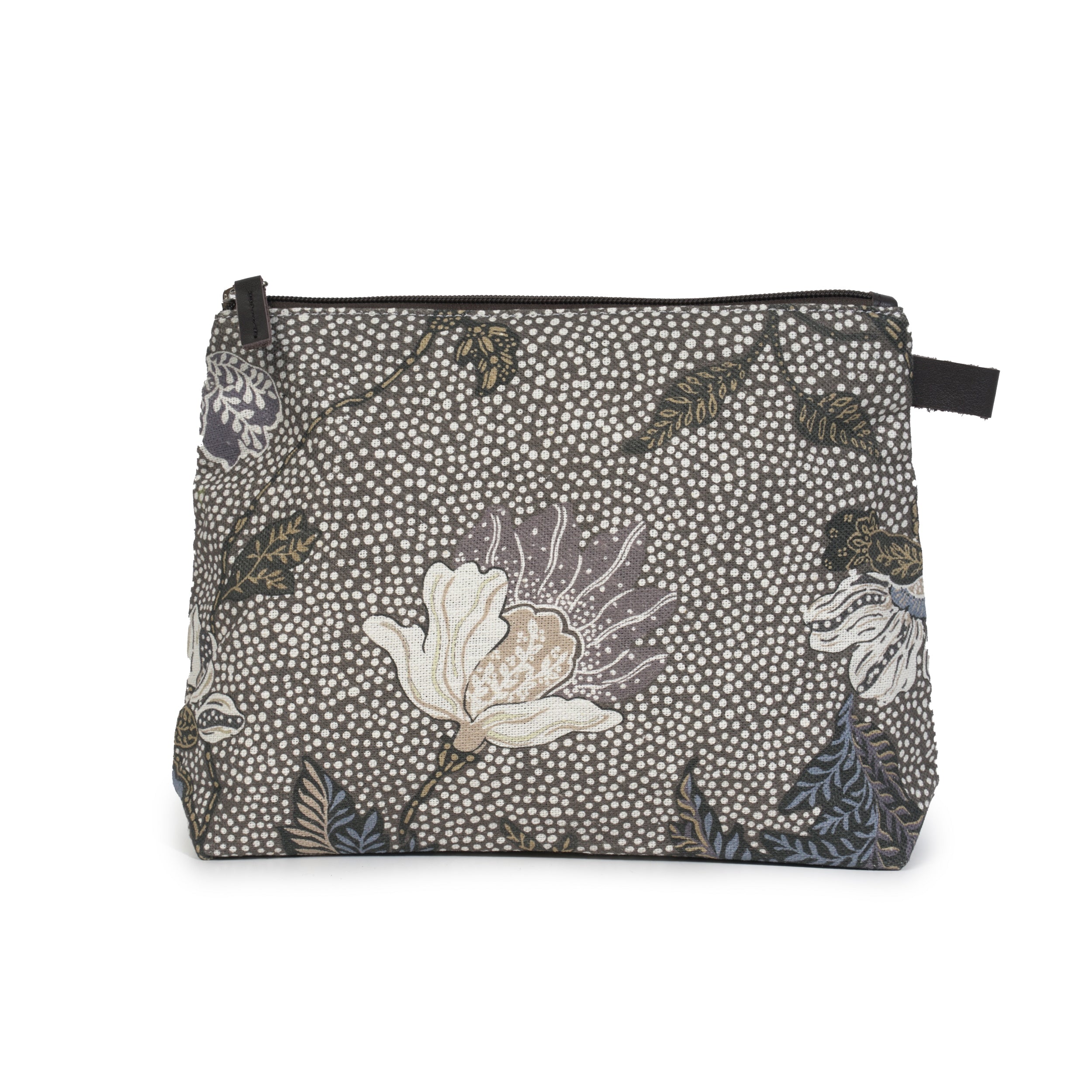 Khaki Flower Linen wash bag with a zip