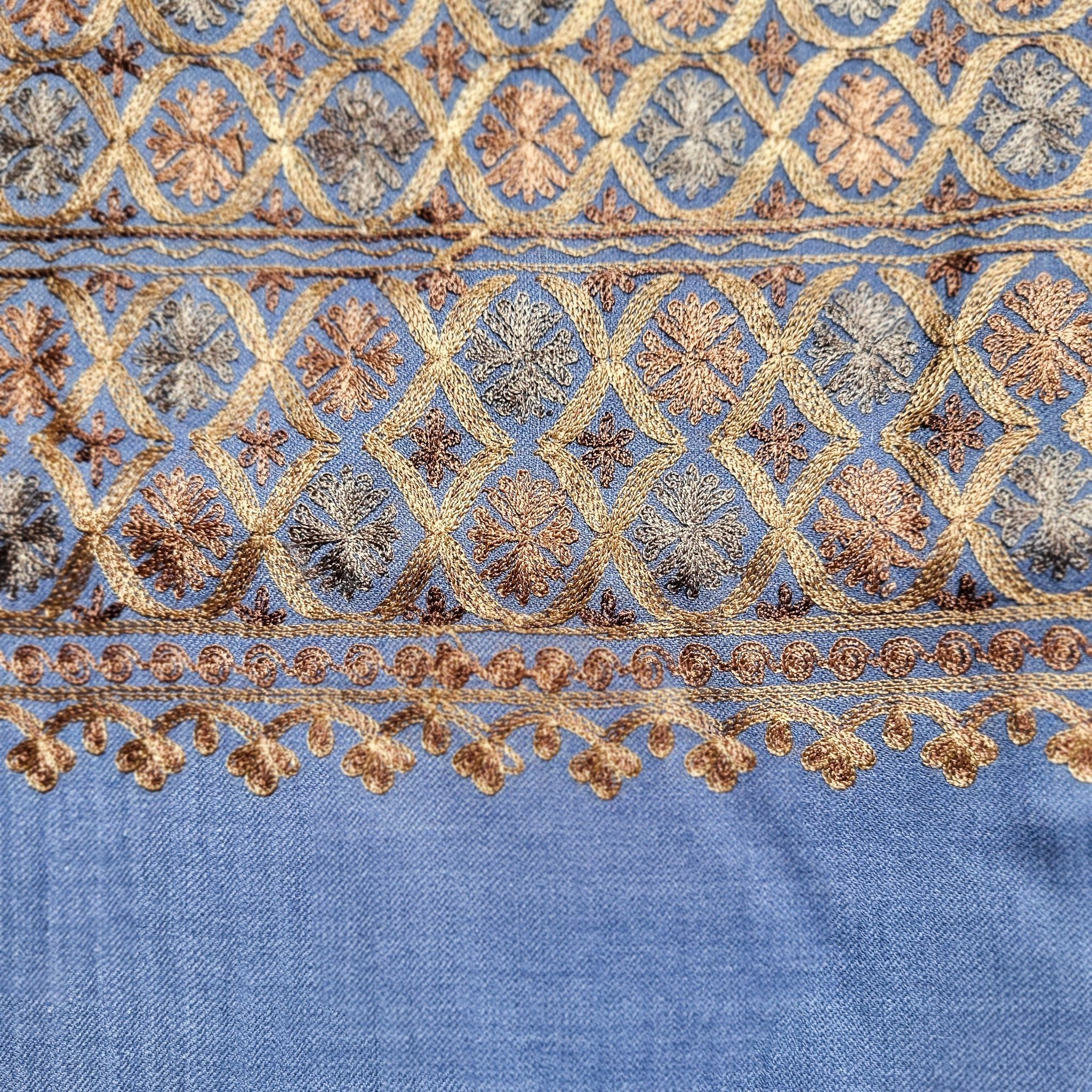 Small circle embroidered pashmina laid flat showing full pattern, 78 x 210 cm