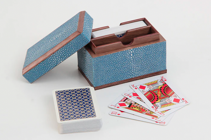 Playing card box in duke blue faux shagreen with walnut lining, 12 x 6 x 8 cm, Forwood Design