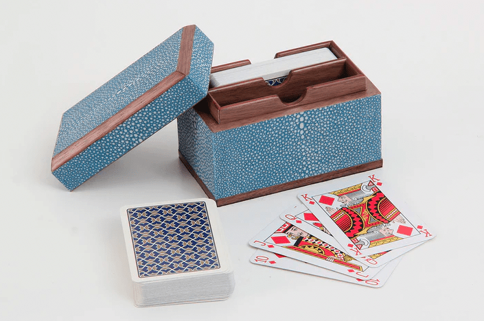 Playing card box in duke blue faux shagreen with walnut lining, 12 x 6 x 8 cm, Forwood Design