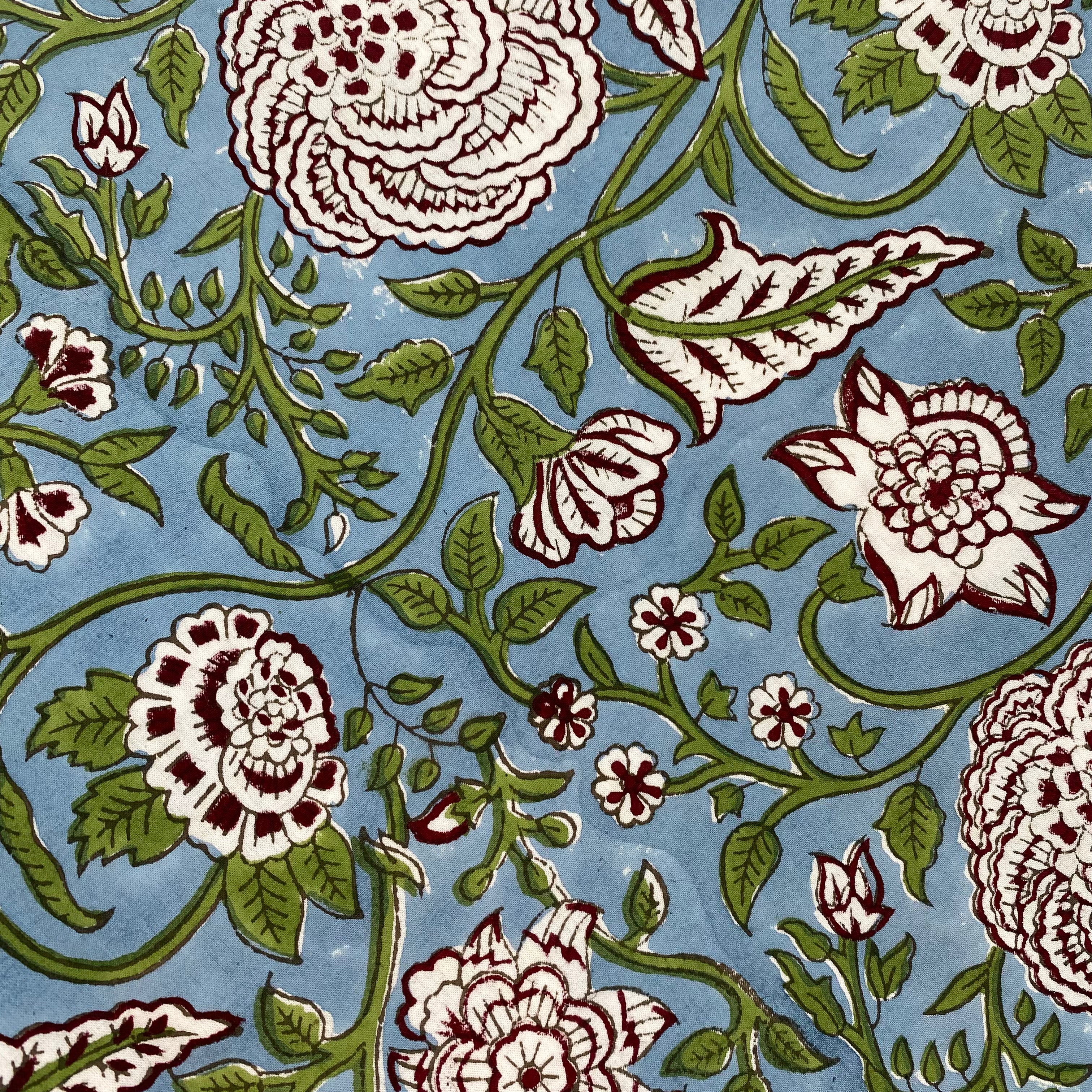 Floral block-print cotton tablecloth, burgundy flowers on cornflower blue