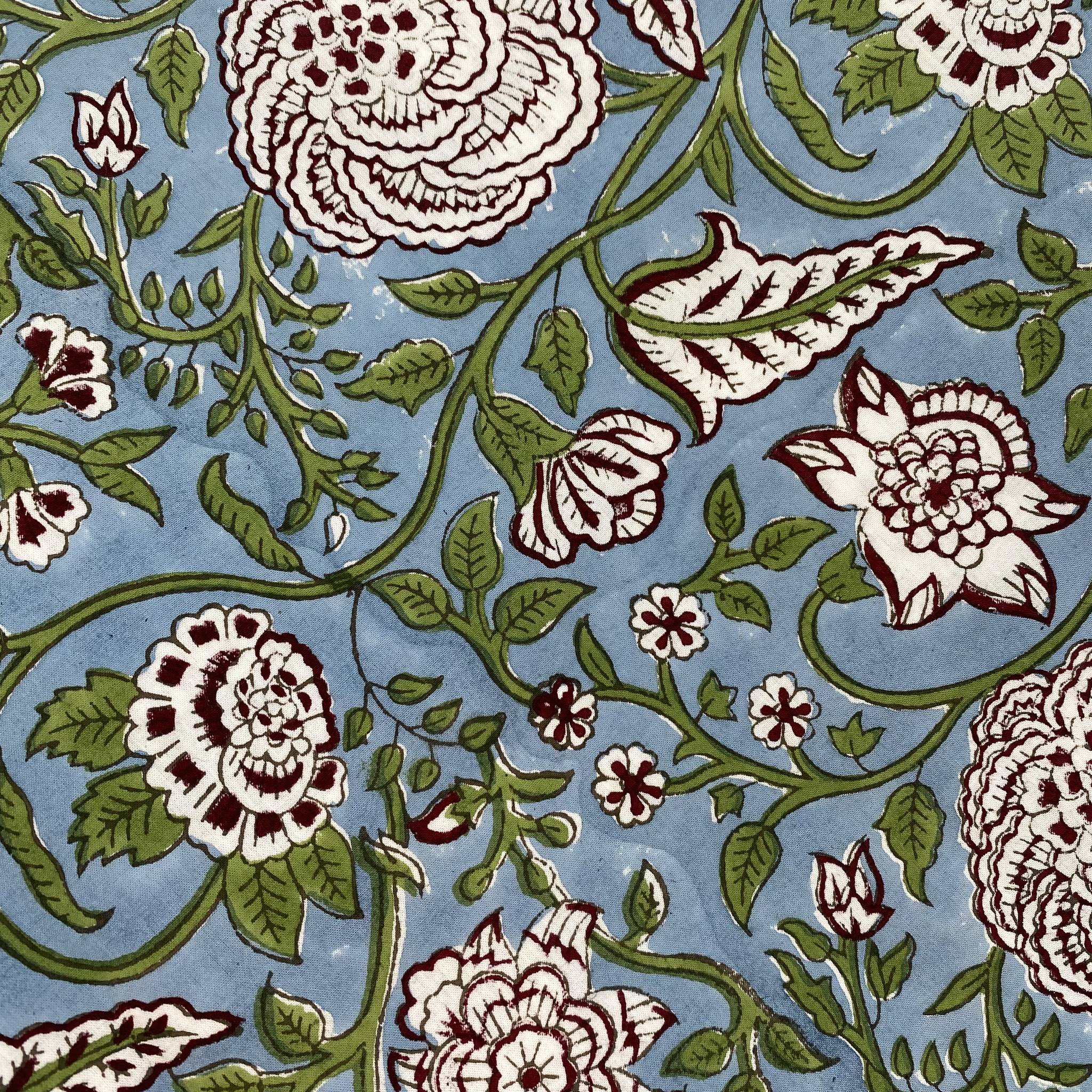Block print cotton tablecloth, burgundy flowers on cornflower blue