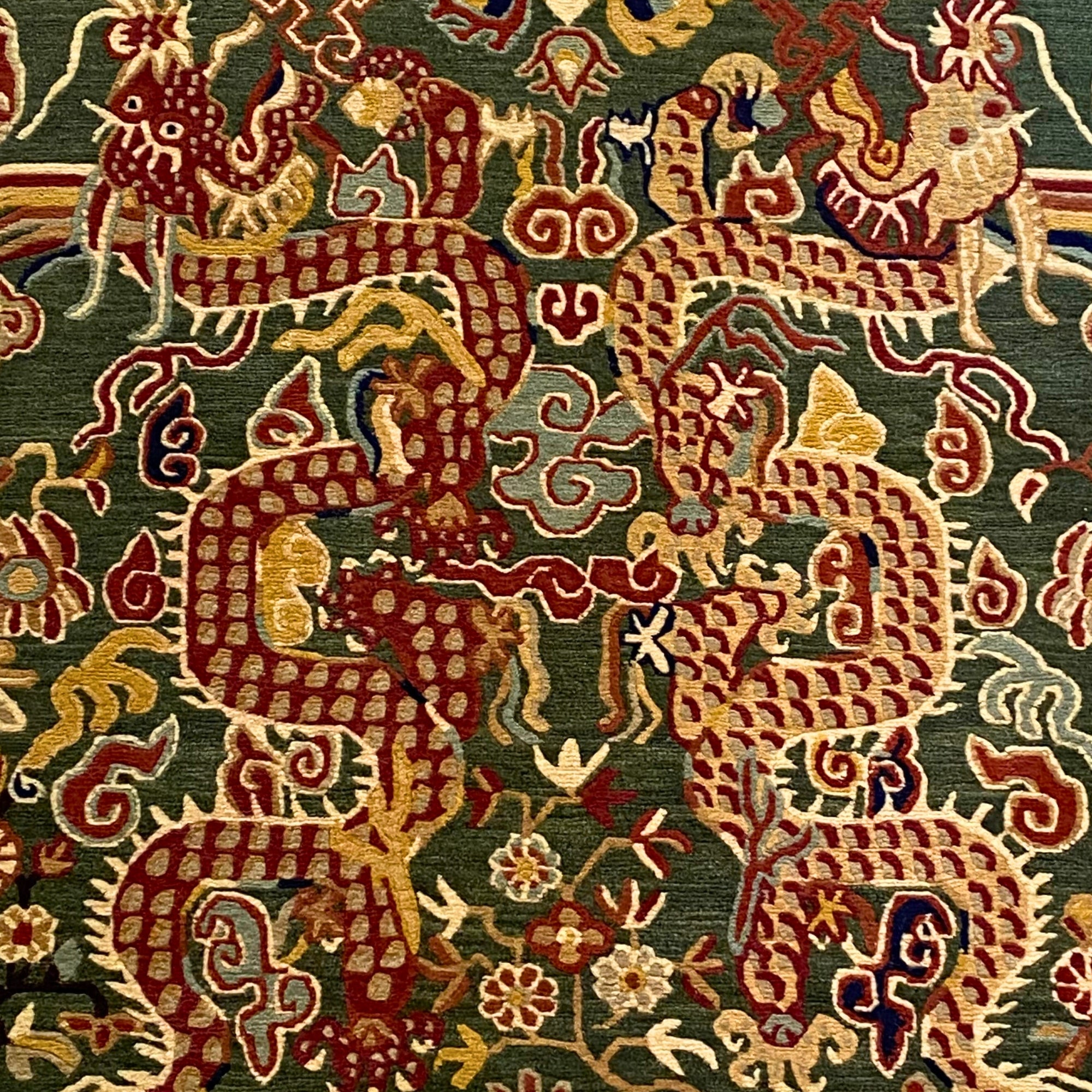 Four-dragon hand-knotted wool rug, Tibetan weave, made in Nepal