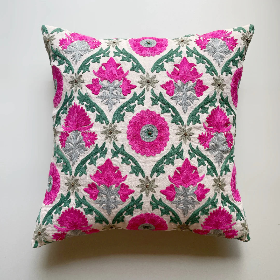 Suzani Firozi Green linen cushion with jaal embroidery in green, grey and pink, 45 x 45cm