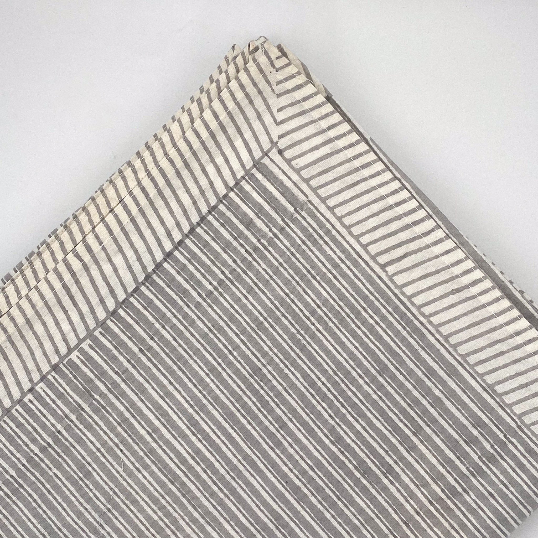 Hand block-printed striped cotton tablecloth with irregular stripes