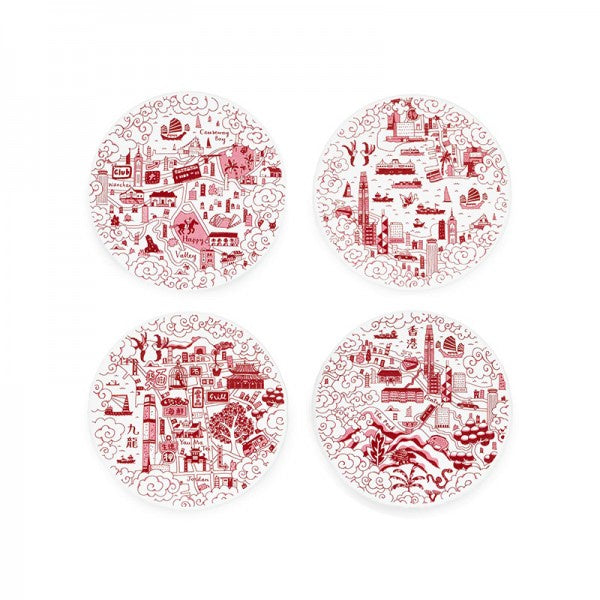 Set of 4 red ceramic coasters with Mariko Jesse Hong Kong willow-pattern illustrations