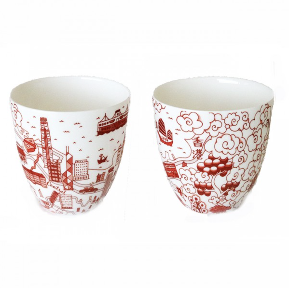 HK Toile Chinese cups in red, fine bone china, set of two, Faux