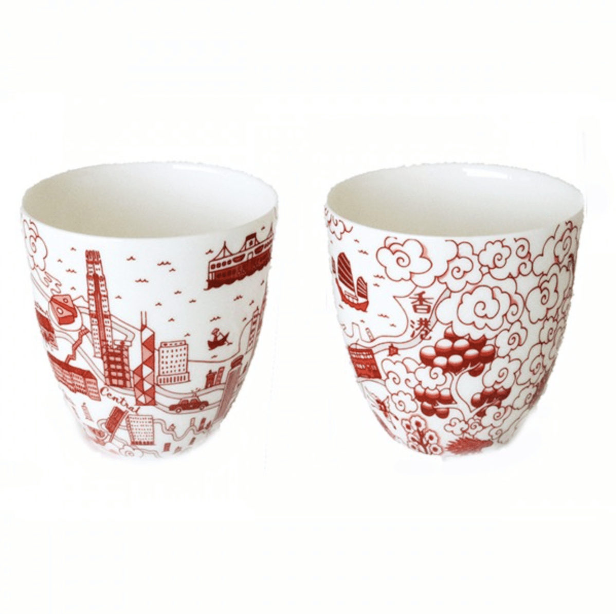HK Toile Chinese cups in red, fine bone china, set of two, Faux