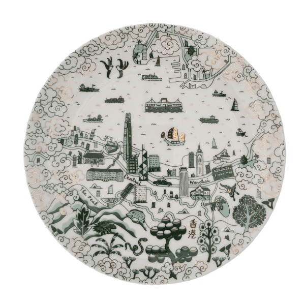 Kowloon willow pattern 10.5 inch dinner plates in green and gold, set of four, fine bone china