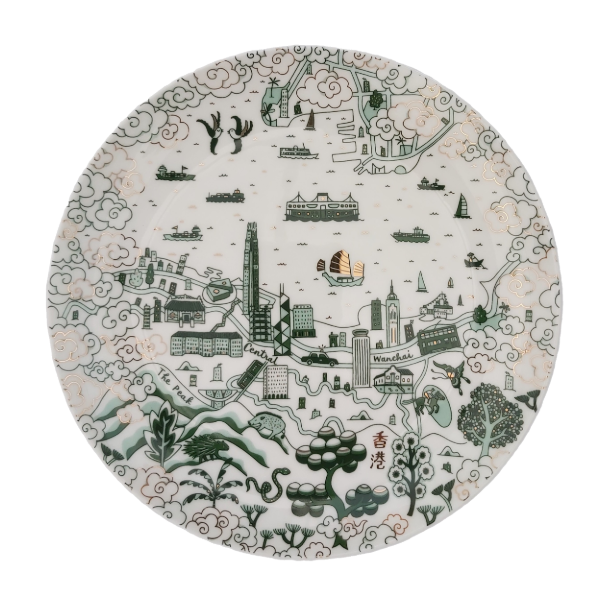 Willow pattern 8 inch starter plates in green and gold, set of four, fine bone china