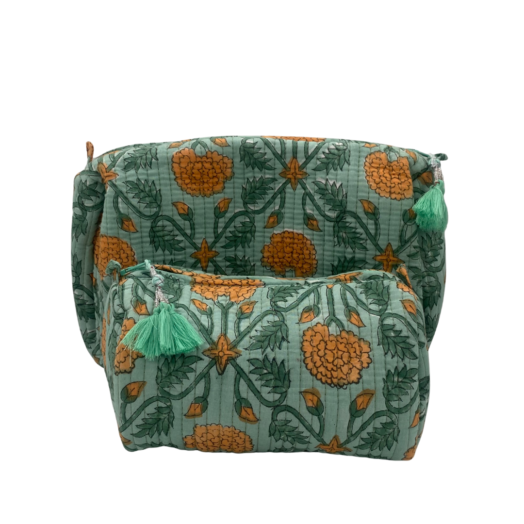Marigold floral block-print wash bag