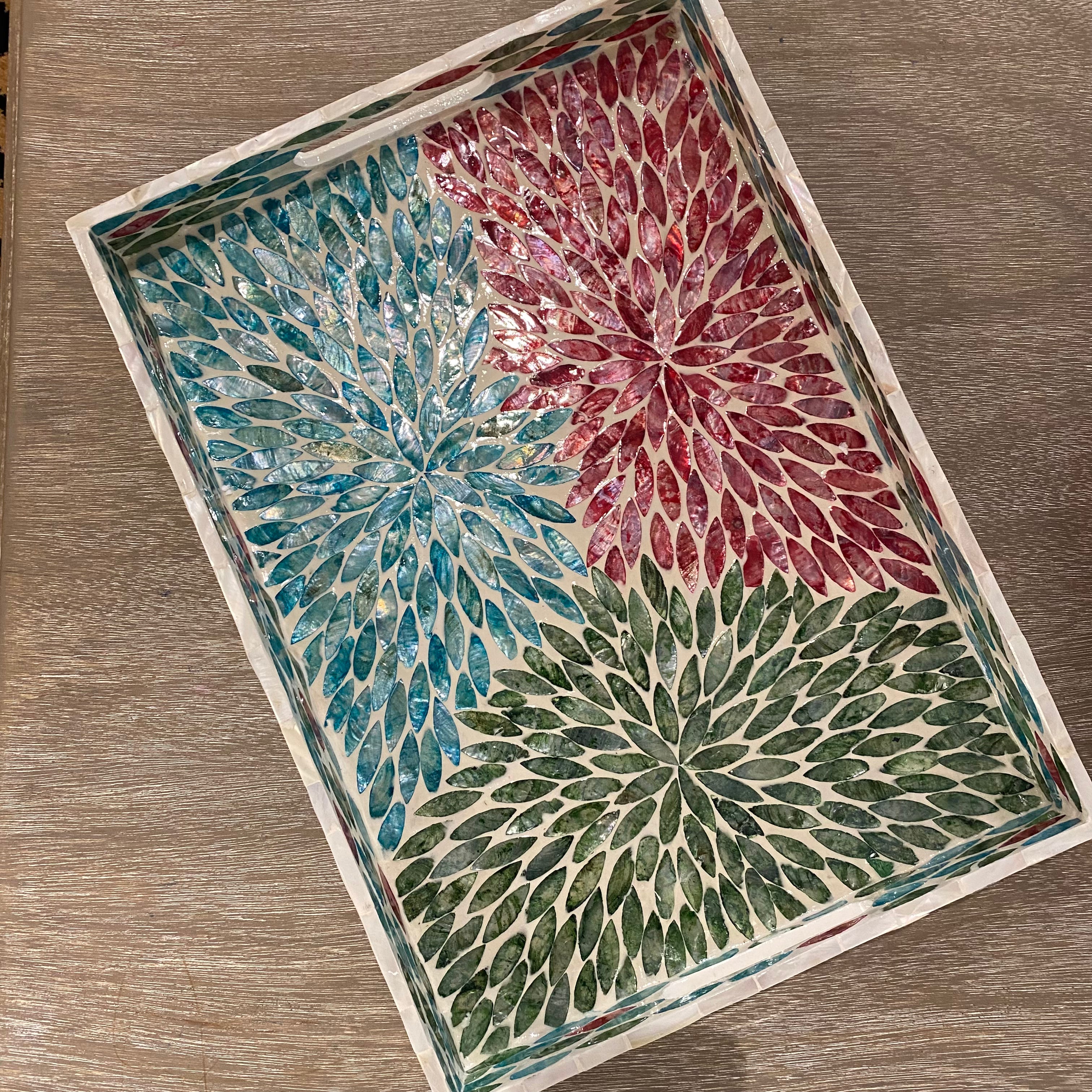 Mother of pearl serving tray, colourful inlay, detail view