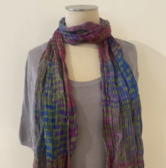 Multi-coloured brick-pattern hand-woven silk scarf, India