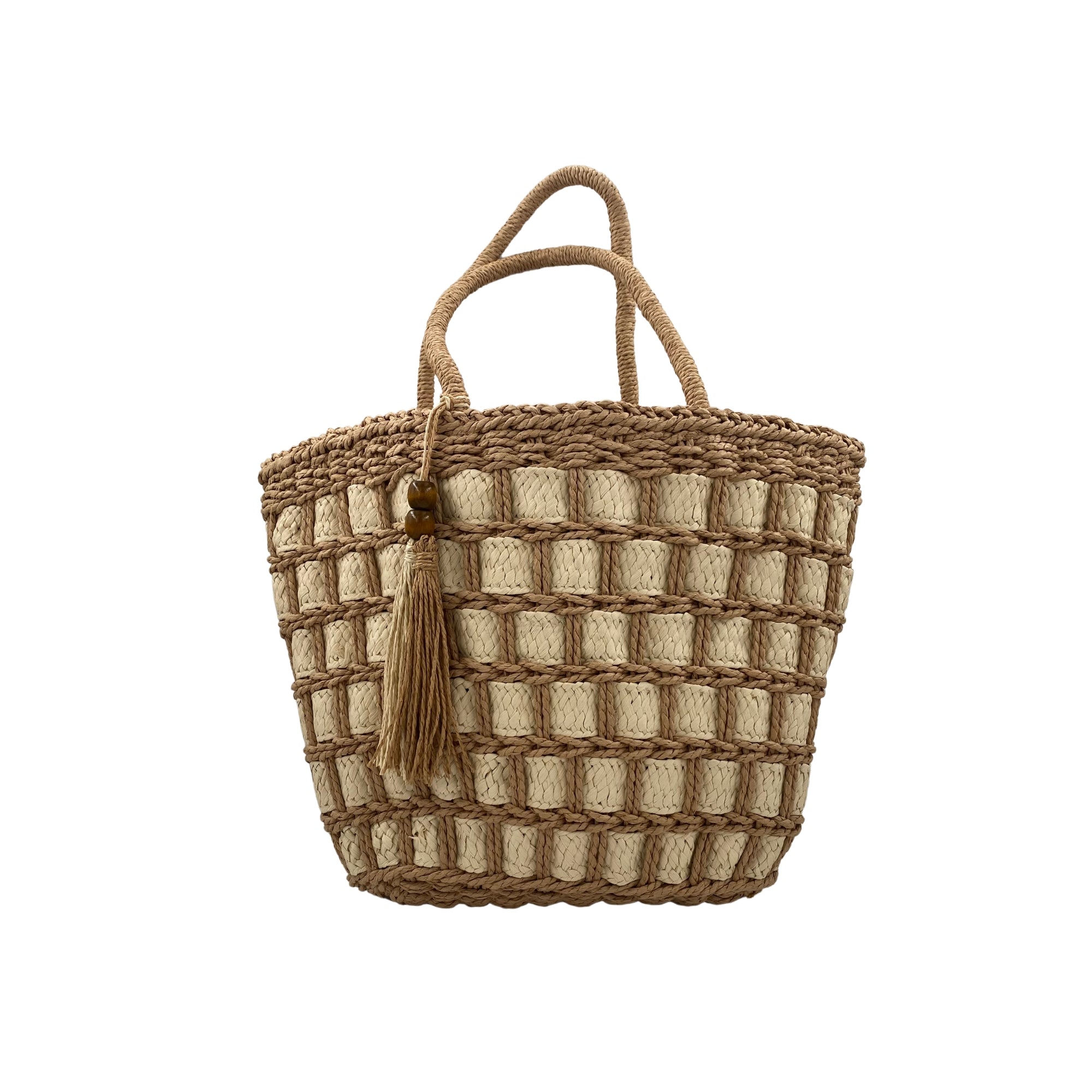 Checked raphia beach bag, handwoven, inside pocket, styled
