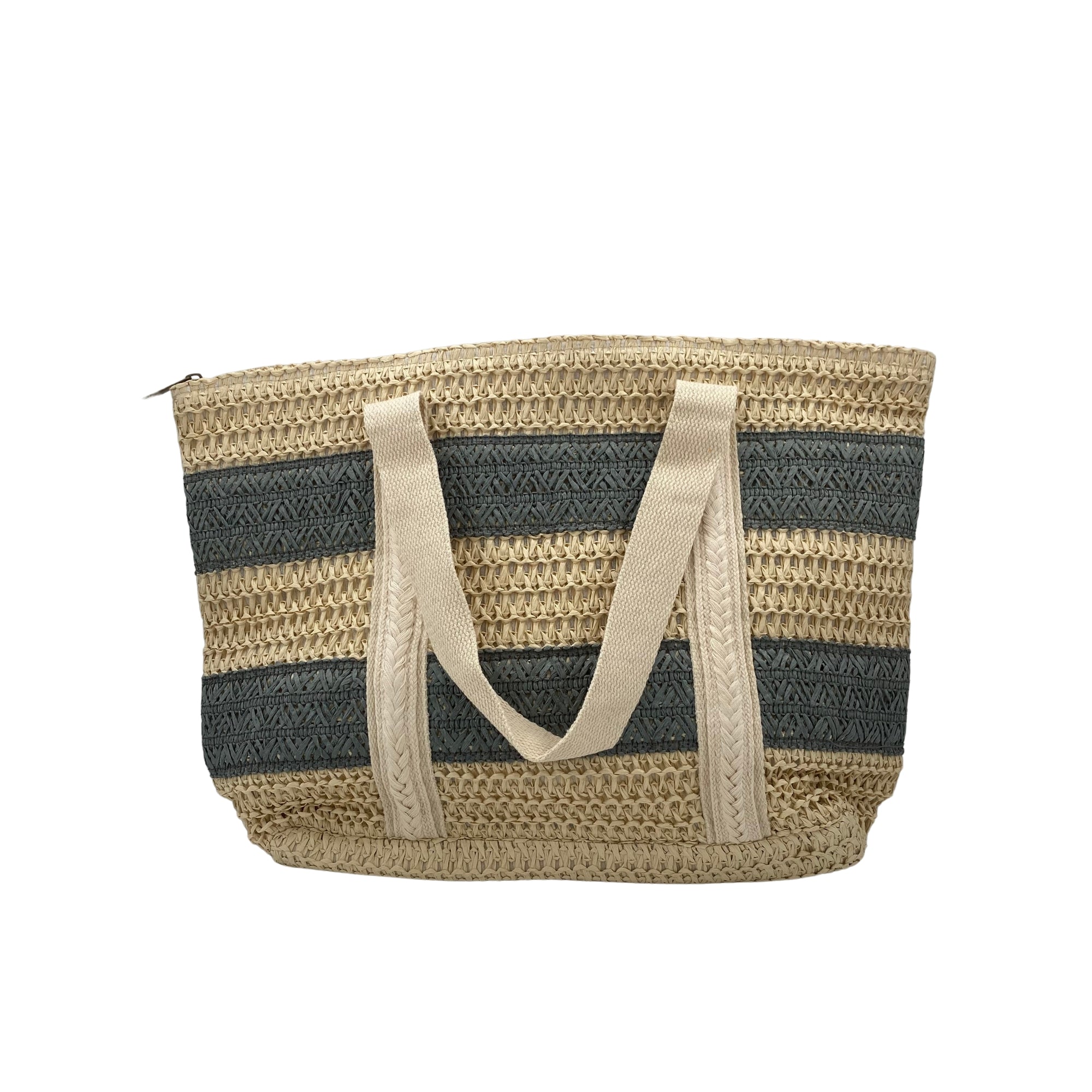 Raphia striped beach bag, handmade in Vietnam, styled