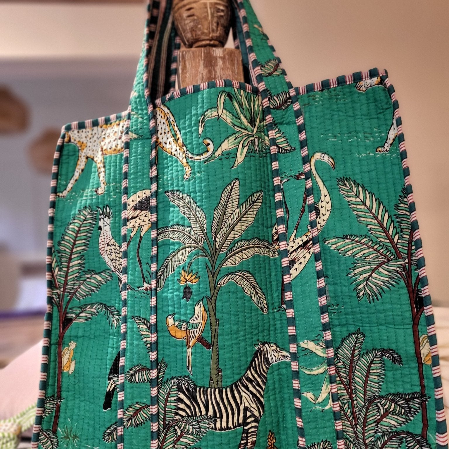 Safari block-print quilted shopper bag with interior pocket