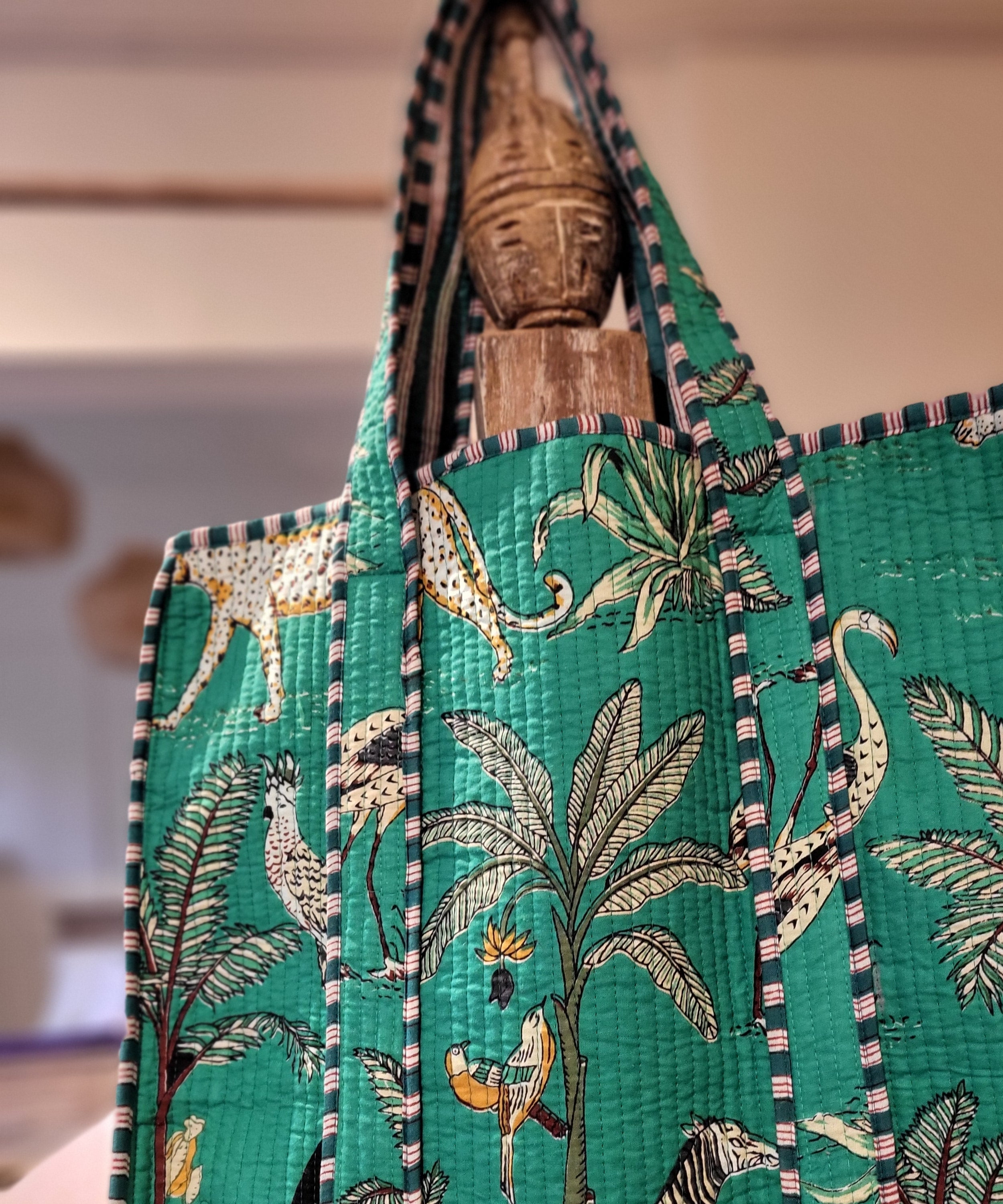 Safari block-print quilted shopper bag with interior pocket