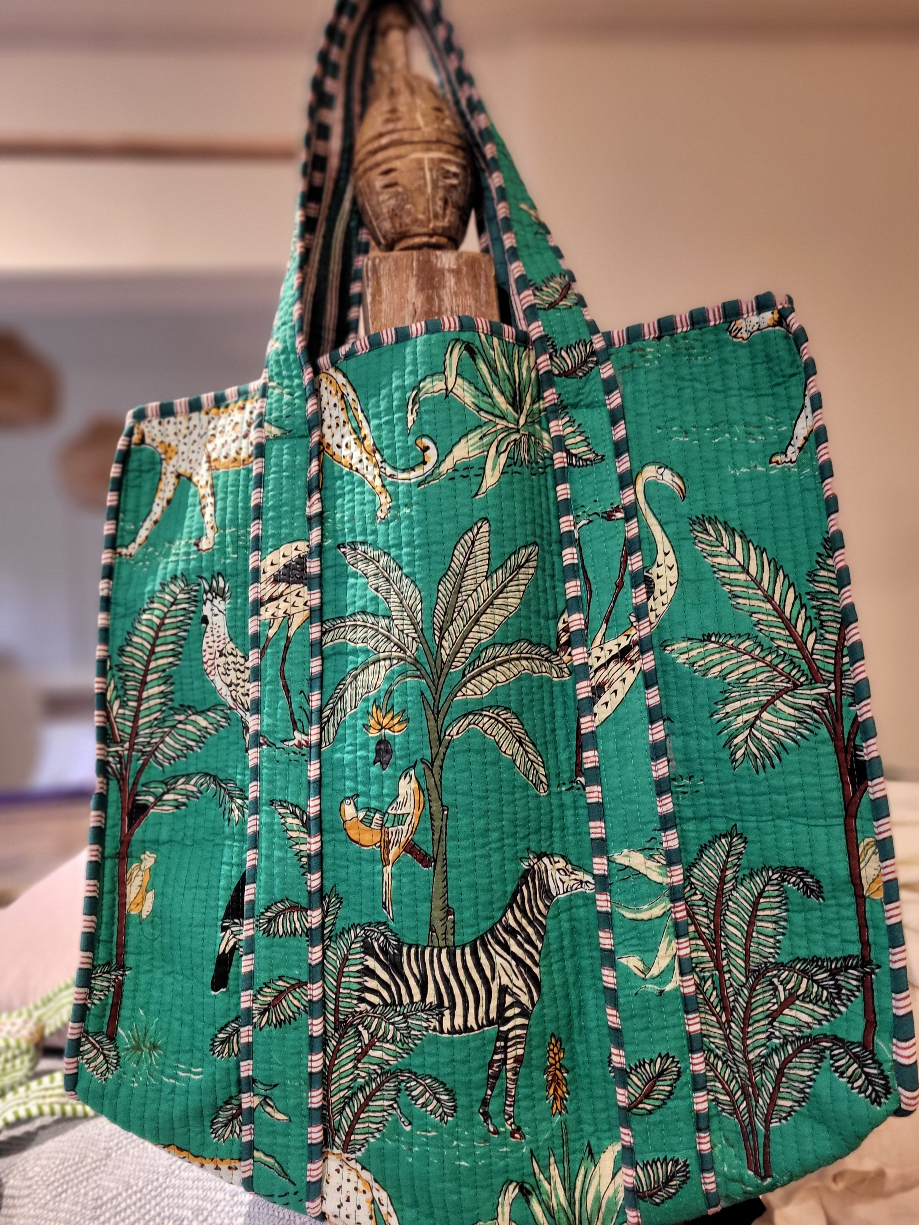 Safari block-print quilted shopper bag with interior pocket