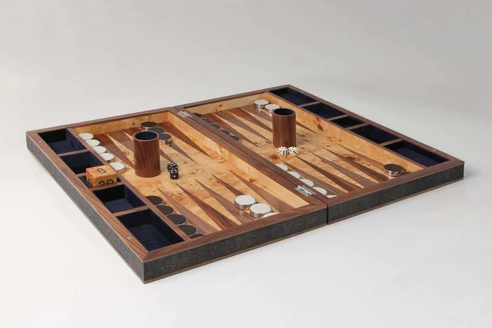 Seal brown faux shagreen backgammon board by Forwood Design, 54 x 34 x 8 cm, detail view