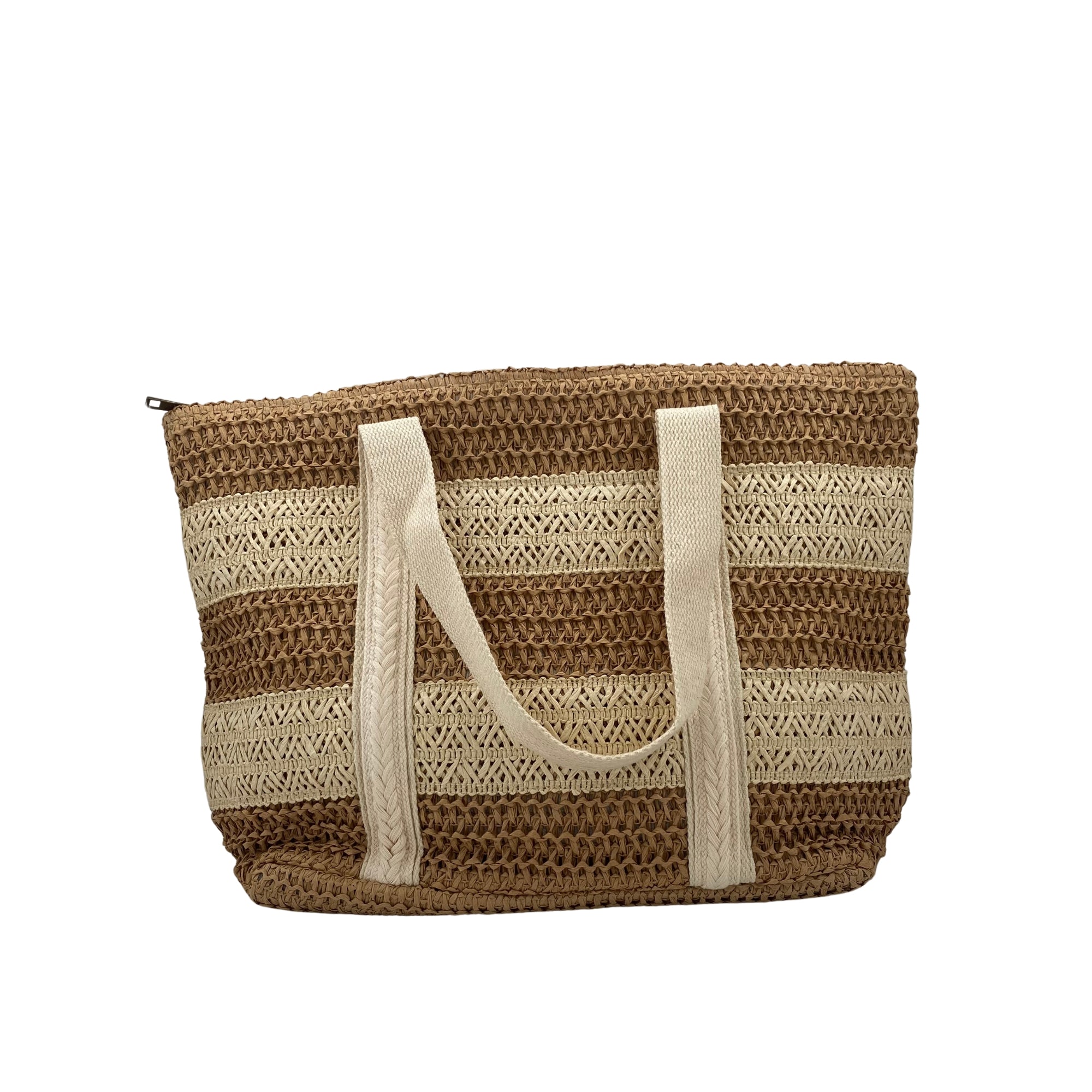 Striped raphia beach bag, handwoven, spacious interior, detail view