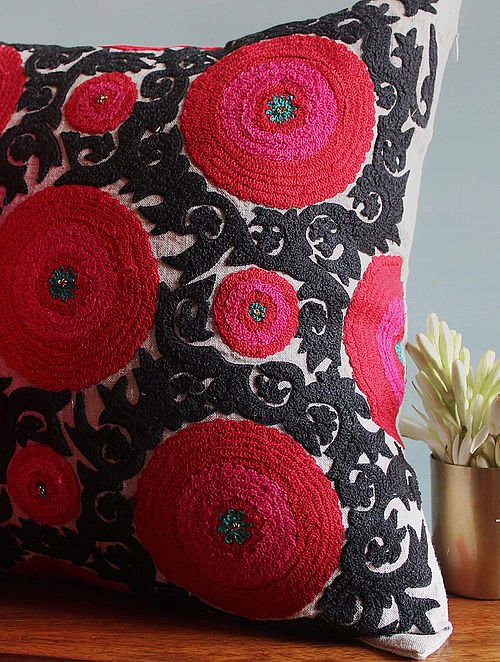 Suzani Balqash linen cushion, hot pink and turquoise suzani work