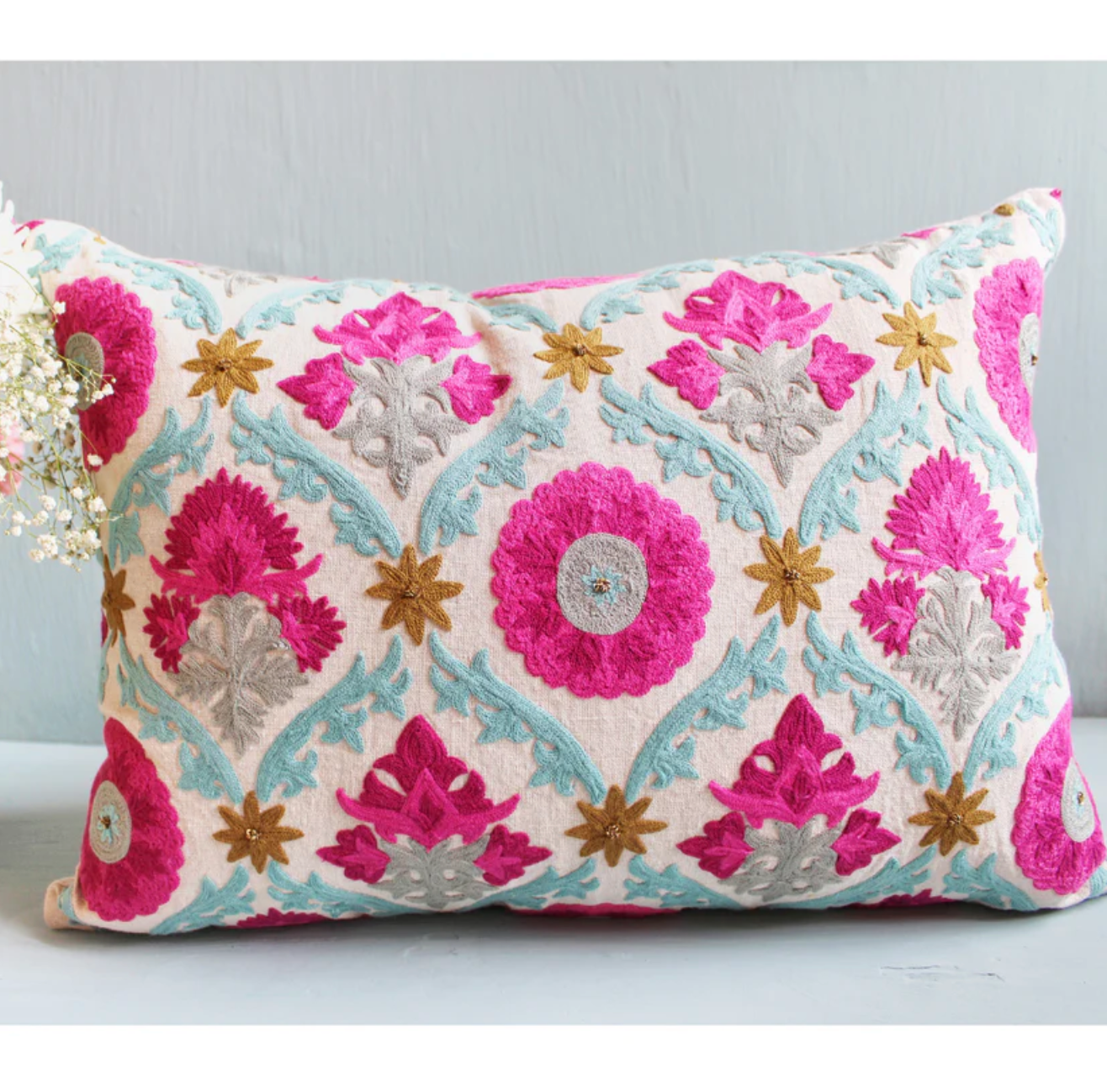 Suzani Firozi teal linen cushion with jaal embroidery in red and blue, 40 x 50cm