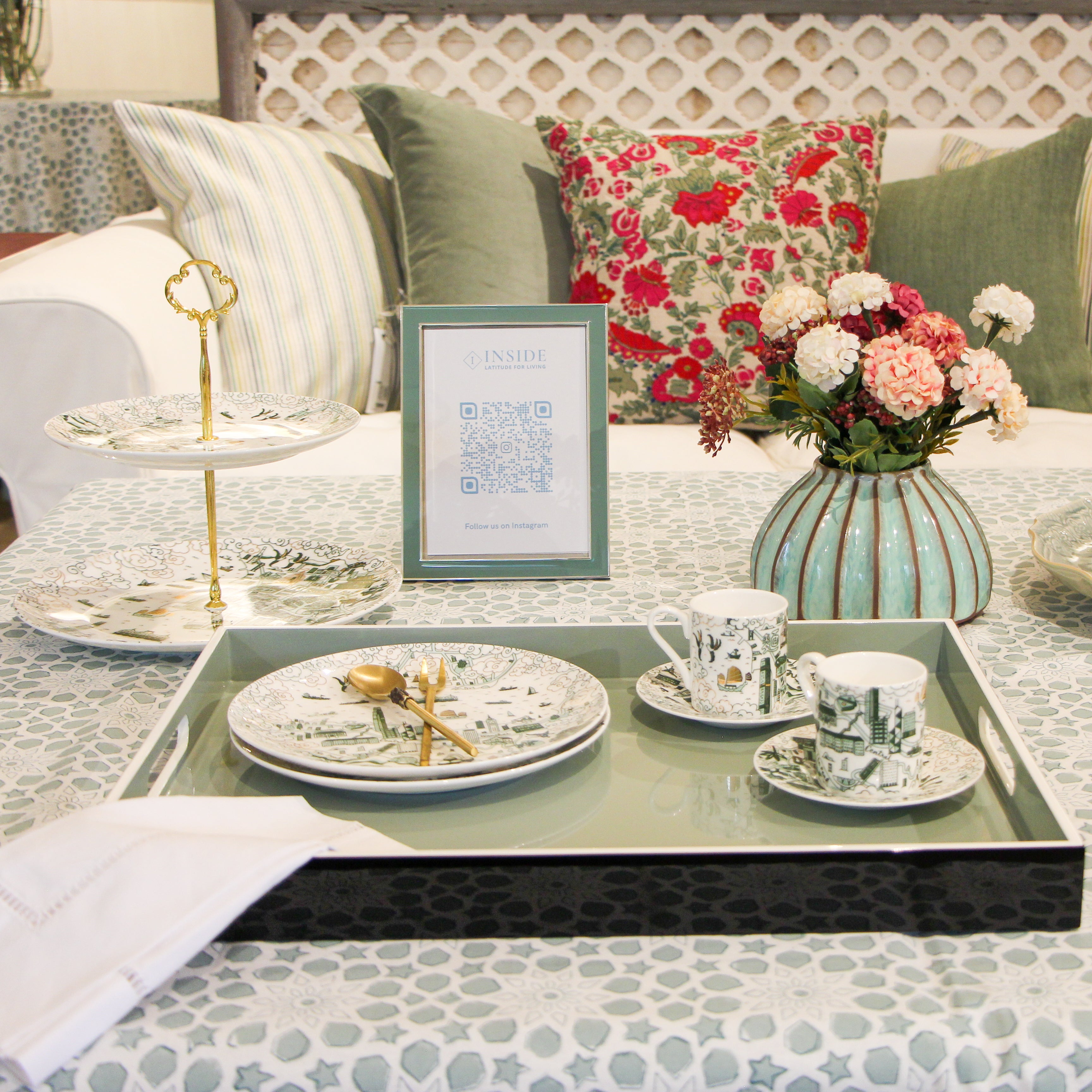 Suzani Bright Flower linen cushion, styled view