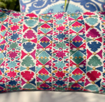 Suzani Geometric linen cushion, multi-coloured embroidery with mirror work, 35 x 50cm