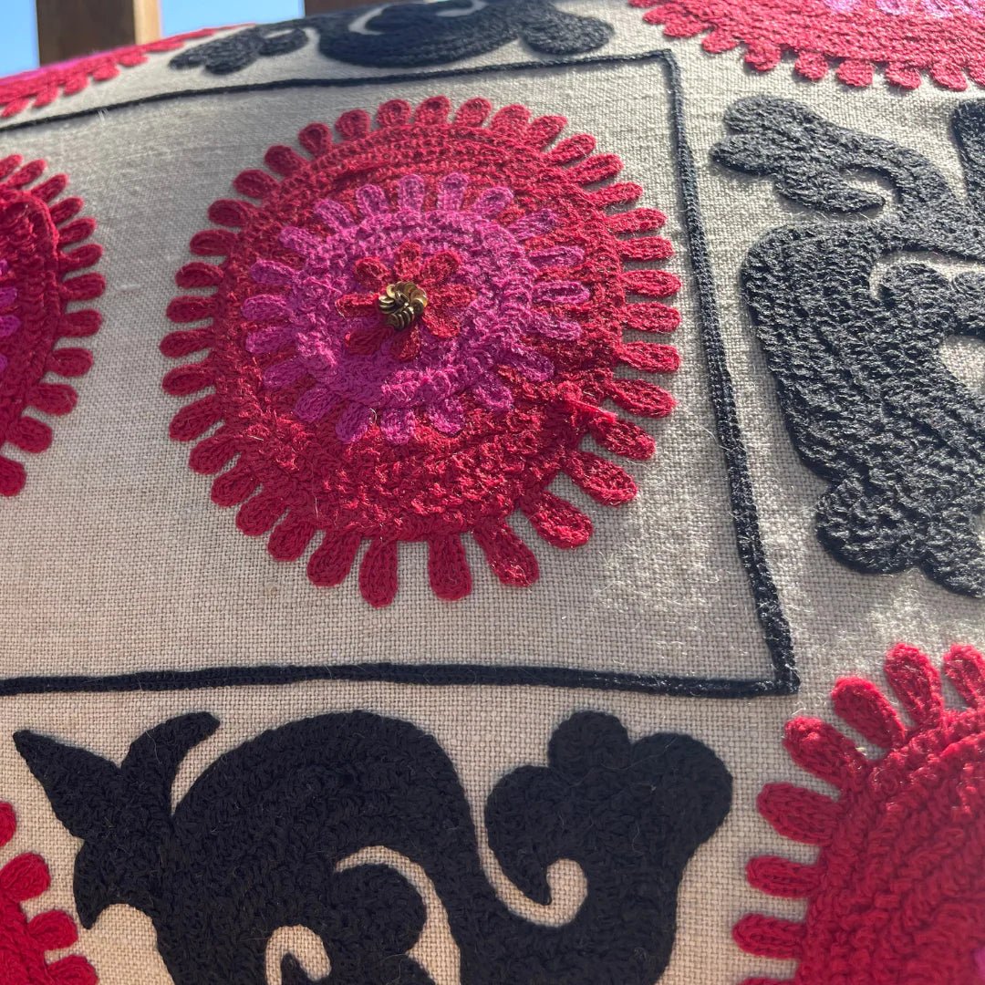 Suzani linen cushion in red, pink and black, hand-embroidered with fine needlework, alternative view, 35 by 50 cm