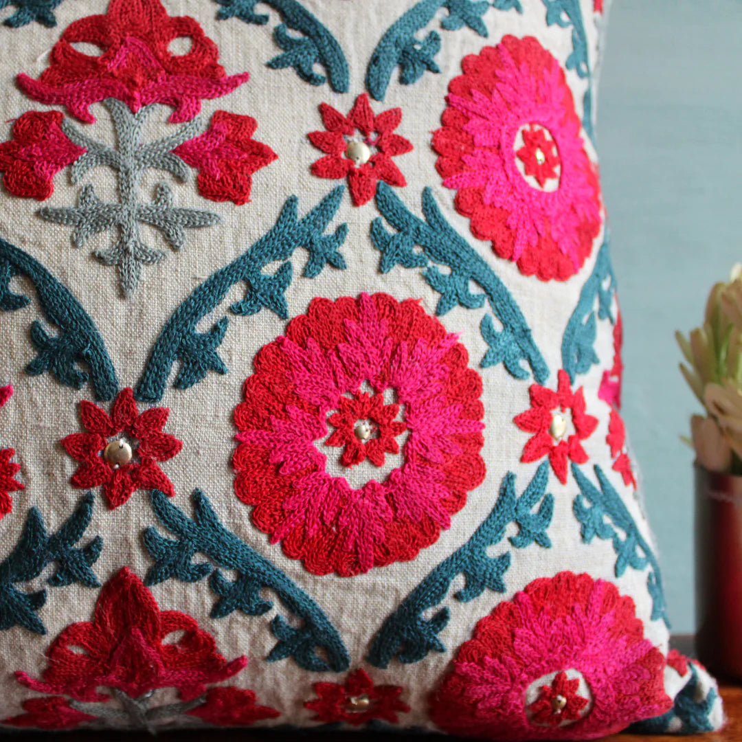 Suzani Niksaar linen cushion, detail of lattice stitching