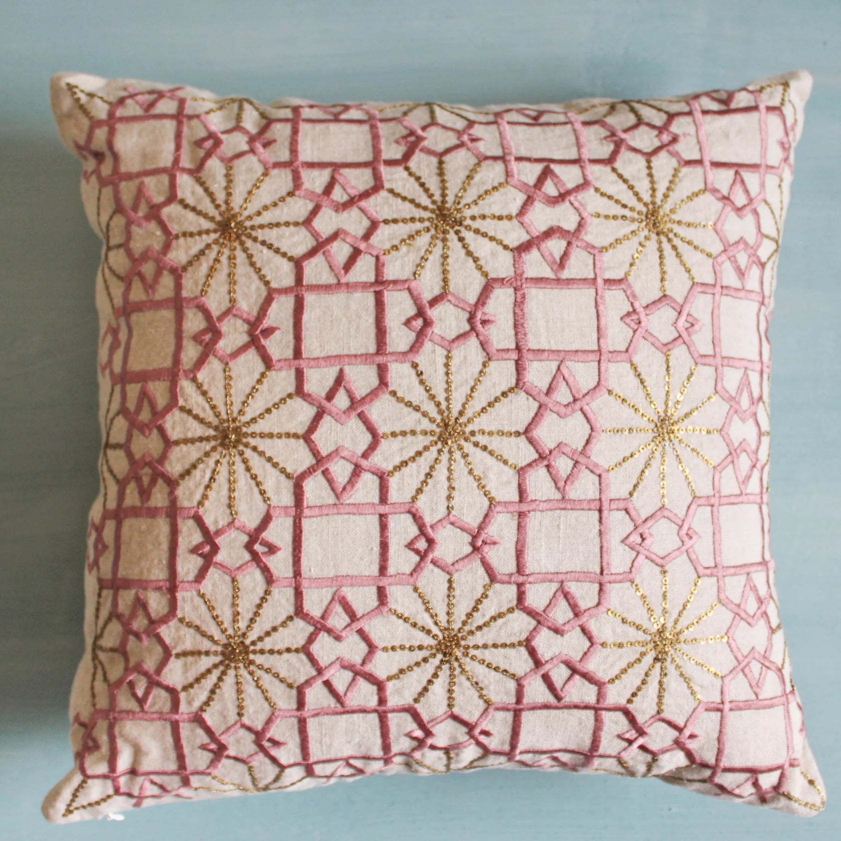 Suzani Pink Silk Sitara cushion, dusty pink silk with metallic stars, 45 x 45cm