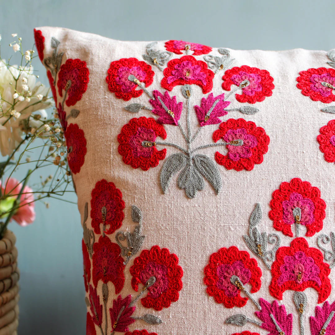 Suzani Red Butah linen cushion, detail of embroidery